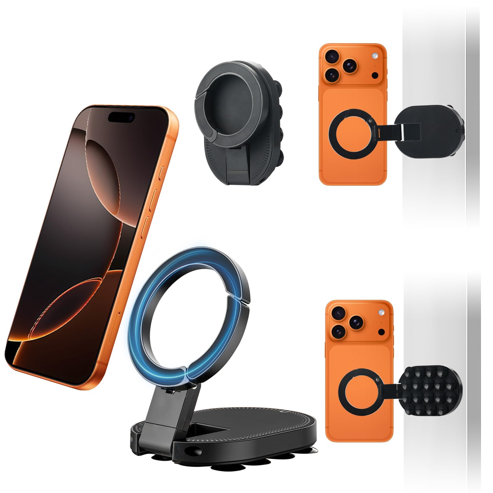 TecChic 3-in-1 magnetic phone stand with adjustable rotatable mount, compatible with iPhone 14-17, ideal for car, gym, kitchen, or desk.