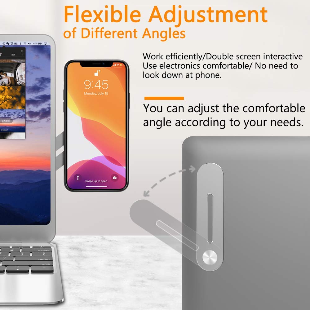 Silver DK177 portable laptop and phone holder attached to a monitor, slim foldable smartphone stand for desktop use.