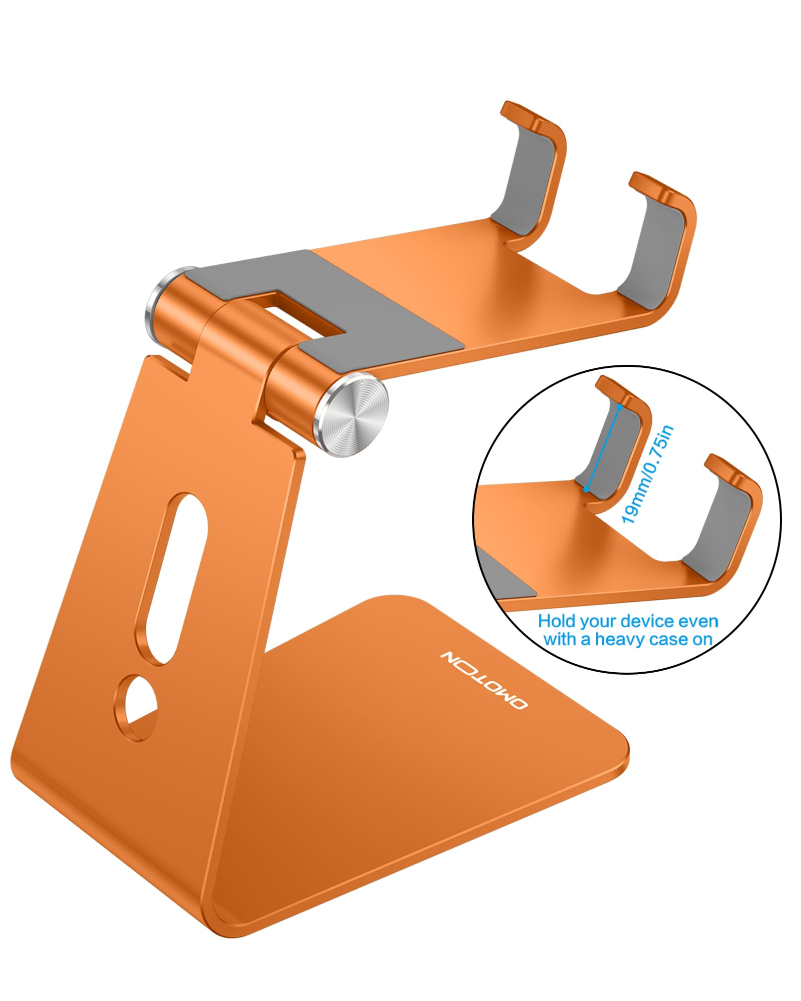 OMOTON Adjustable Cell Phone Stand, Aluminum Desktop Cellphone Stand with Anti-Slip Base and Convenient Charging Port, Fits All Smart Phones, Orange