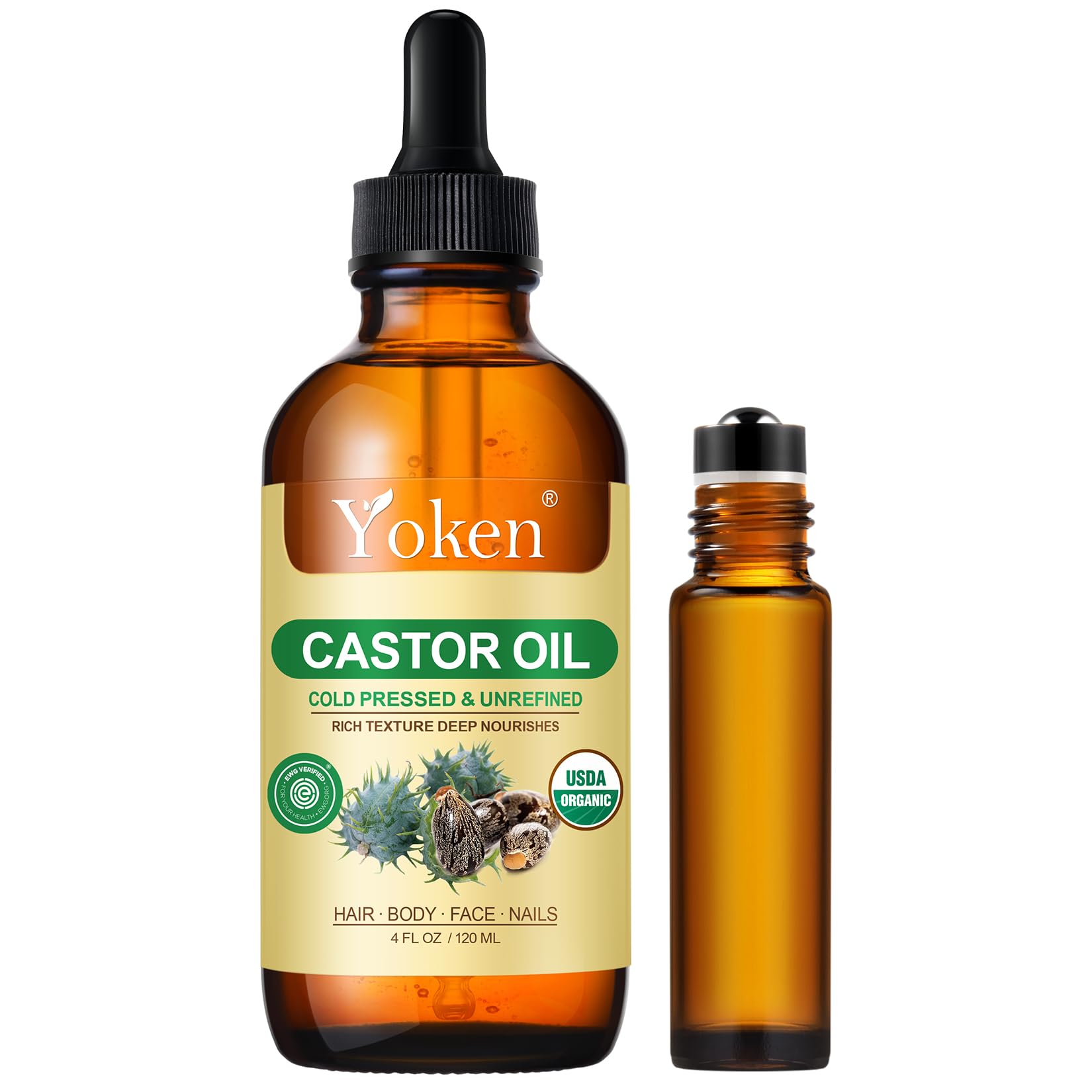Yoken USDA Organic Castor Oil in 4oz cold-pressed bottle with roller applicator, skincare moisturizer for nourishing skin.