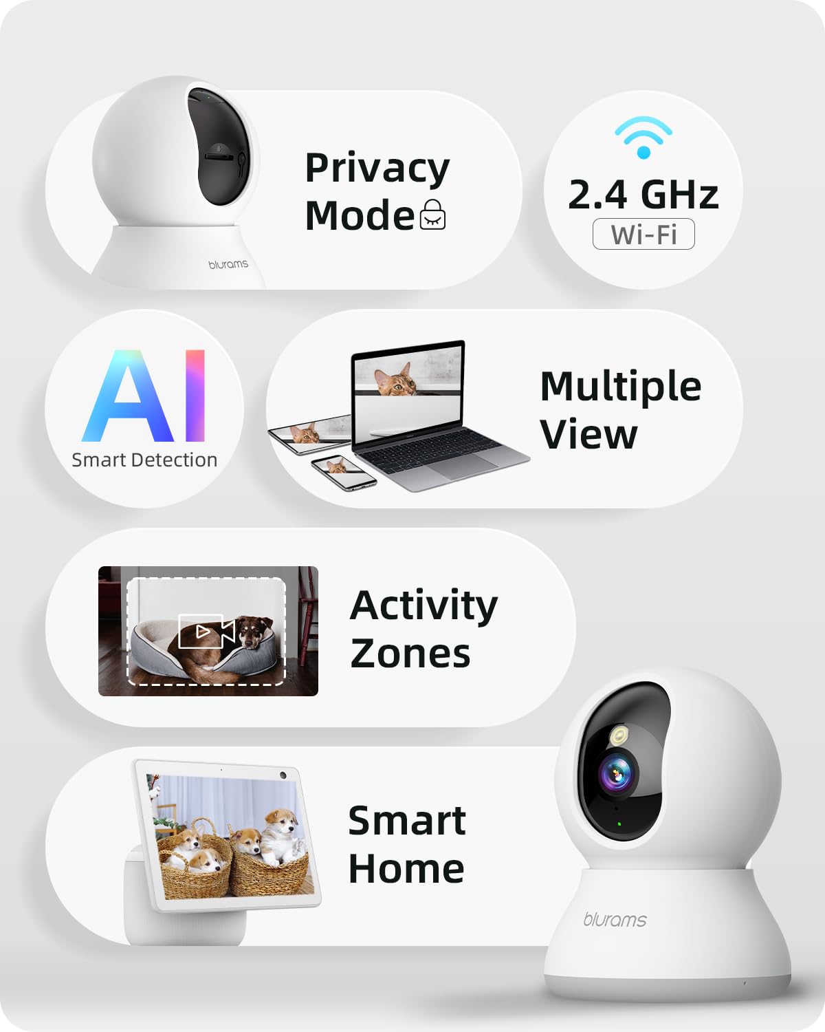 blurams 2K security camera with 360-degree view, night vision, motion tracking, two-way audio, and smart home compatibility.