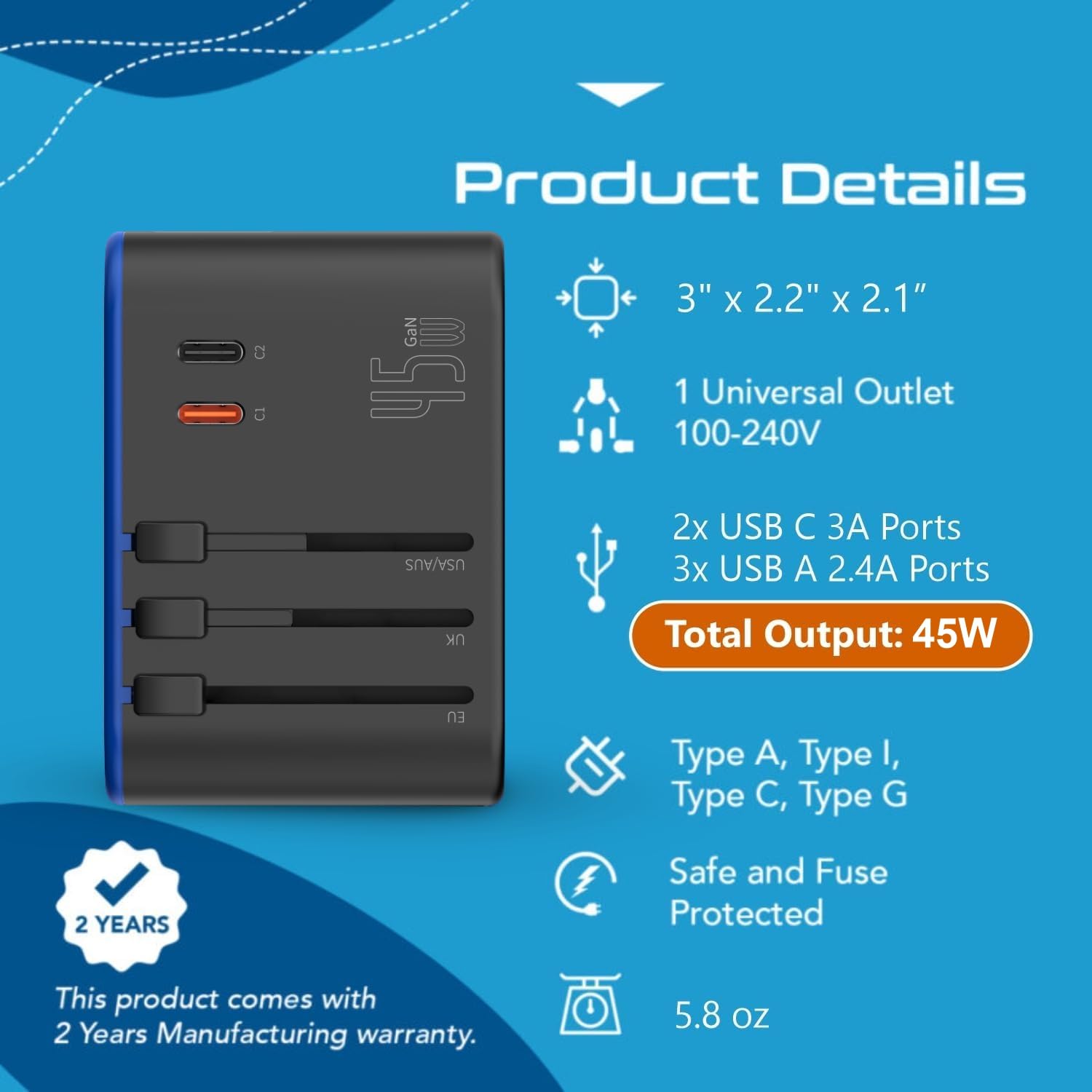 Ceptics 45W Universal Travel Adapter w/ 3 USB-A, 2 USB-C & Univer - Ceptics Official Product View 6