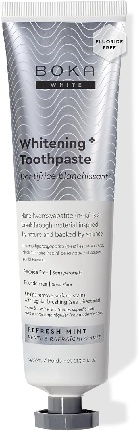 Boka fluoride-free toothpaste with nano hydroxyapatite, designed for sensitive teeth, showing the toothpaste tube on a clean surface.
