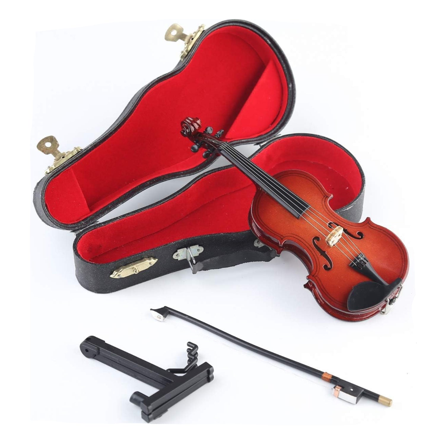 Miniature Dselvgvu violin with stand, bow, and case, measuring 6.31"x2.24"x0.98" for decorative or collectible use.