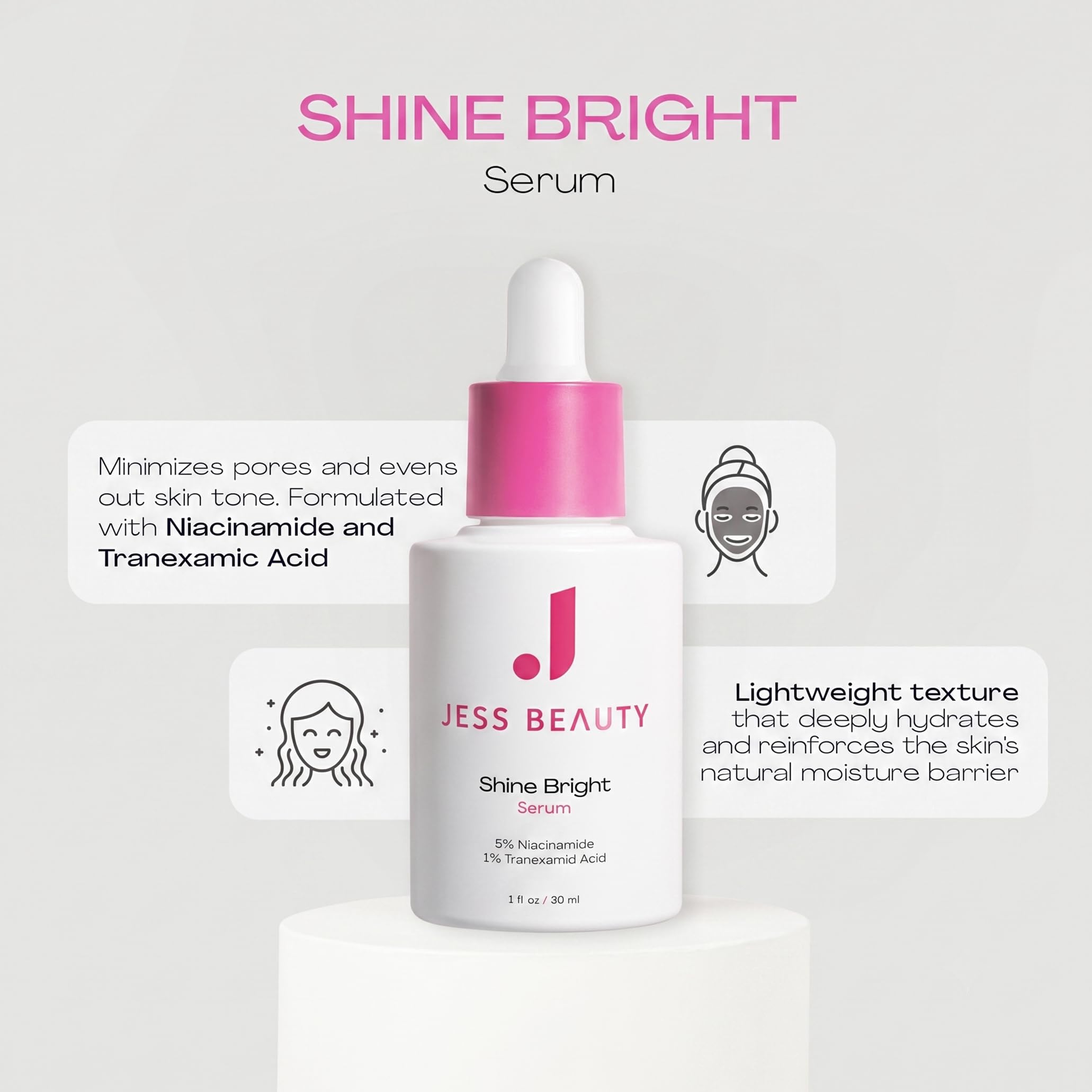 JESS BEAUTY | Shine Bright Serum | Niacinamide & Tranexamic Acid | for Dark Spots, Uneven Skin Tone & Radiant Glow | Hydrating & Brightening, Beta-Glucan & Centella Asiatica | Korean Skincare 1 fl oz - JESS BEAUTY Official Product View 3