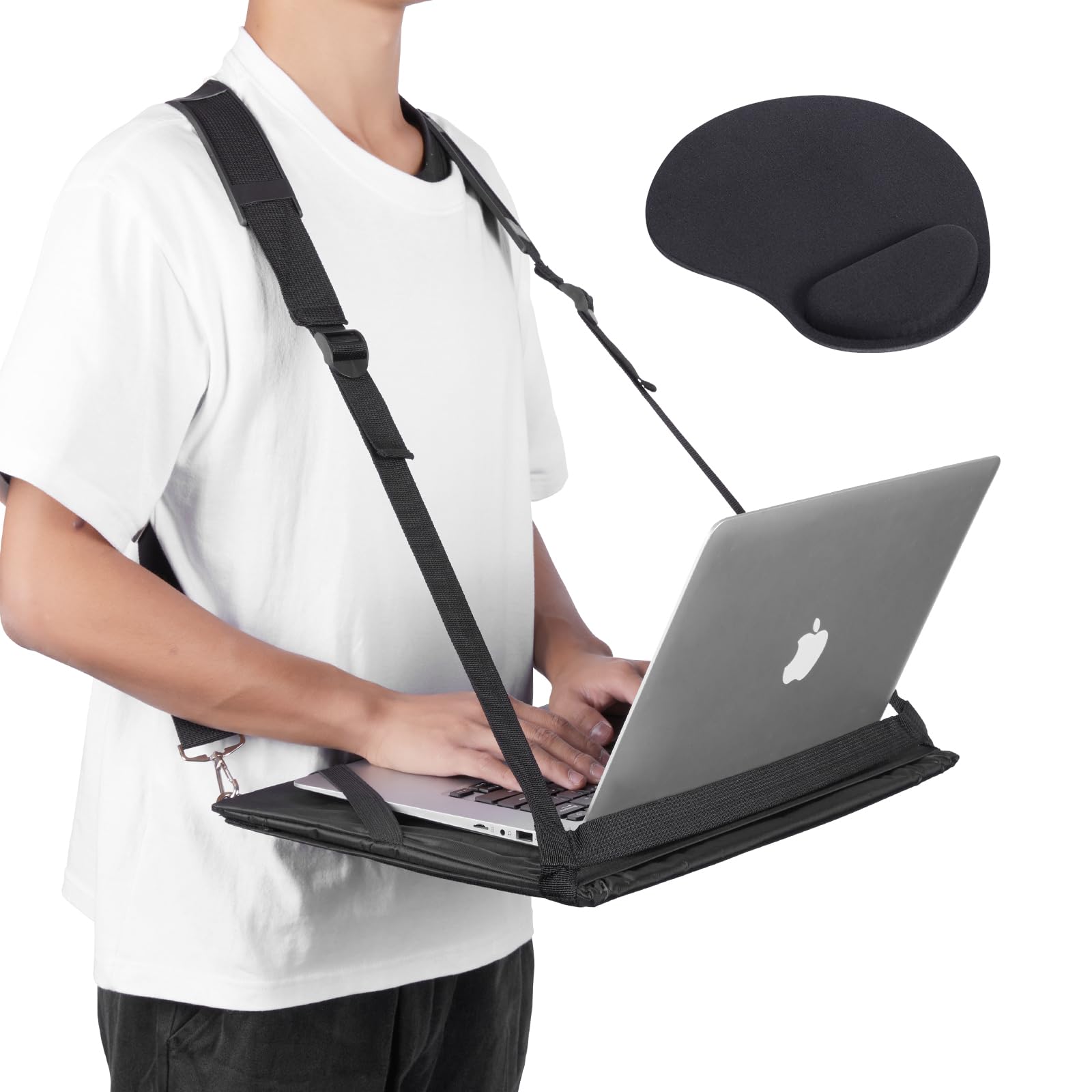 ALPHABET WONDERS Laptop Harness - Wearable Laptop Stand for Up to 17" Laptops, Tablets & E-Readers - Adjustable Straps, Includes Memory Foam Mouse Pad