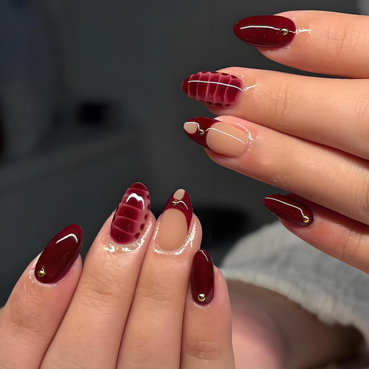 24Pcs Wine Red Press on Nails Medium Almond Fake Nails Press ons Nail Art Kit with Leopard Print Gold Beads Designs French Tips False Nails Full Cover Acrylic Stick on Nail for Women Manicure