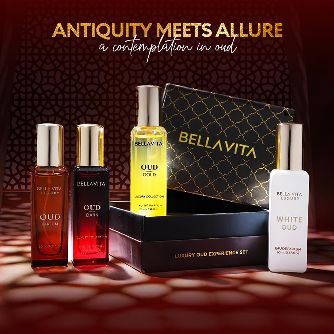 BellaVita Luxury Oud Experience gift set with four 20ml Arabic unisex perfumes featuring luxurious, aromatic fragrance bottles.