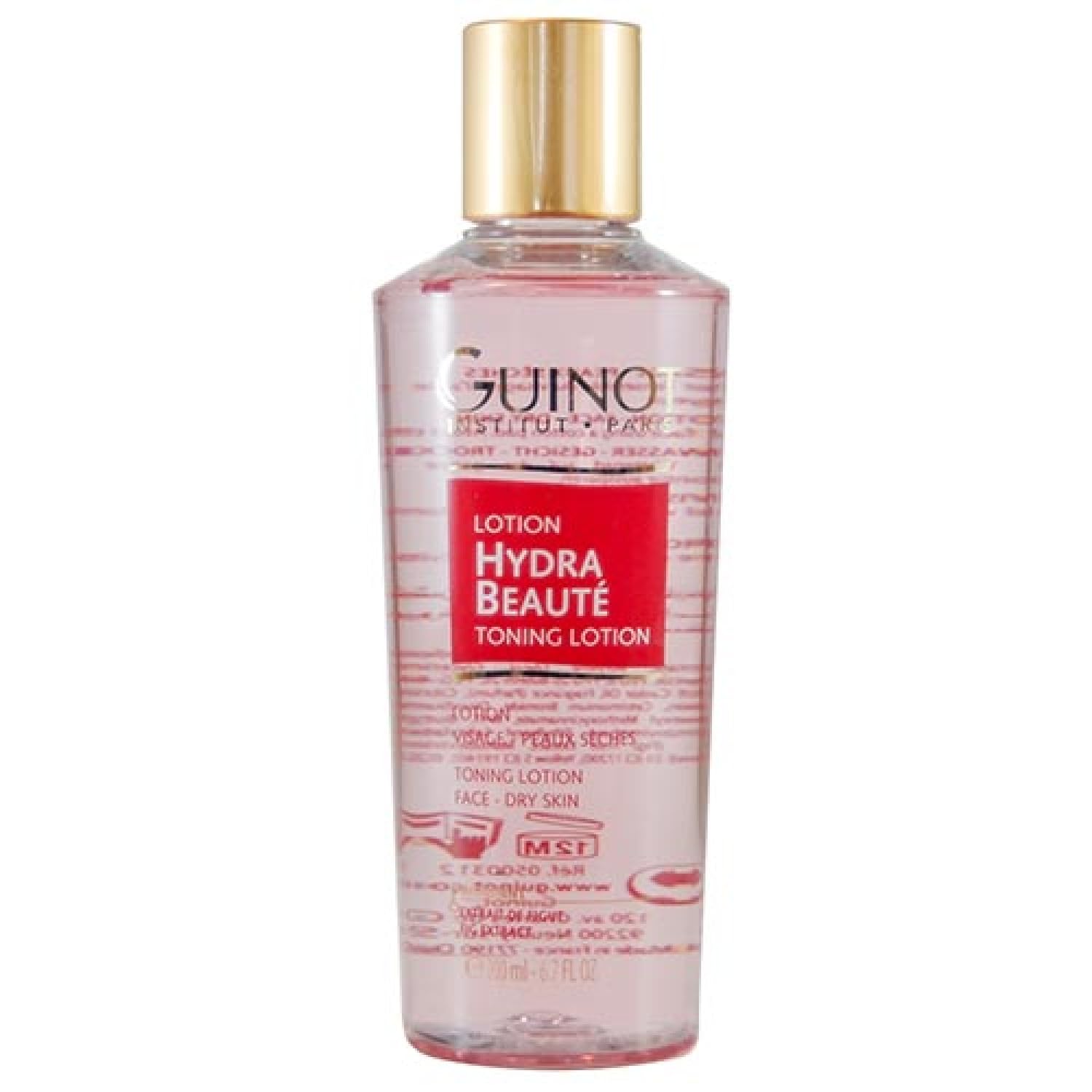 Guinot Hydra Beaute Toning Lotion in a 6.7 fl oz bottle, clear liquid skincare product with a white cap and label