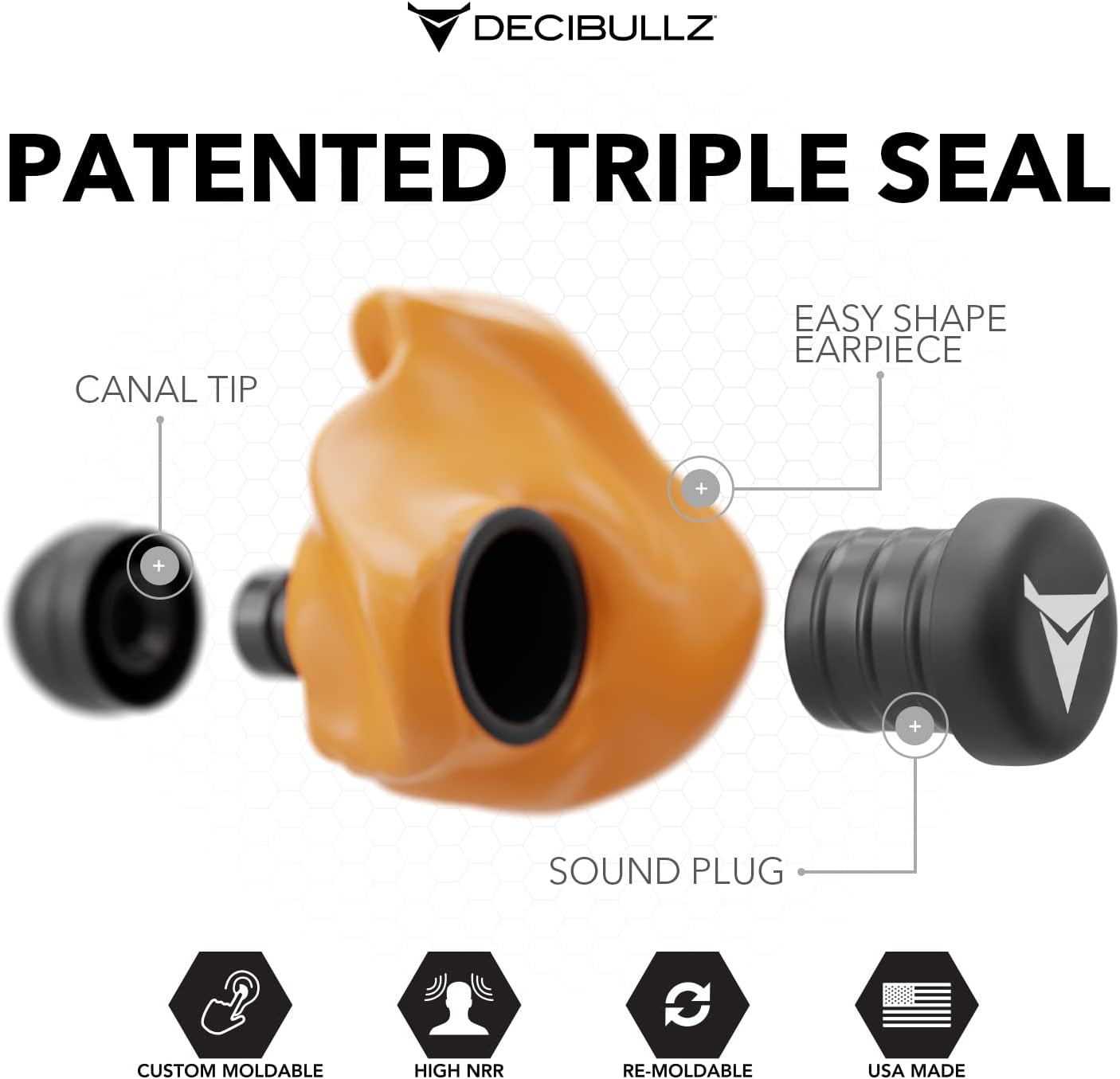 Decibullz custom molded earplugs with high 31dB NRR, comfortable hearing protection for shooting, travel, work, and concerts.
