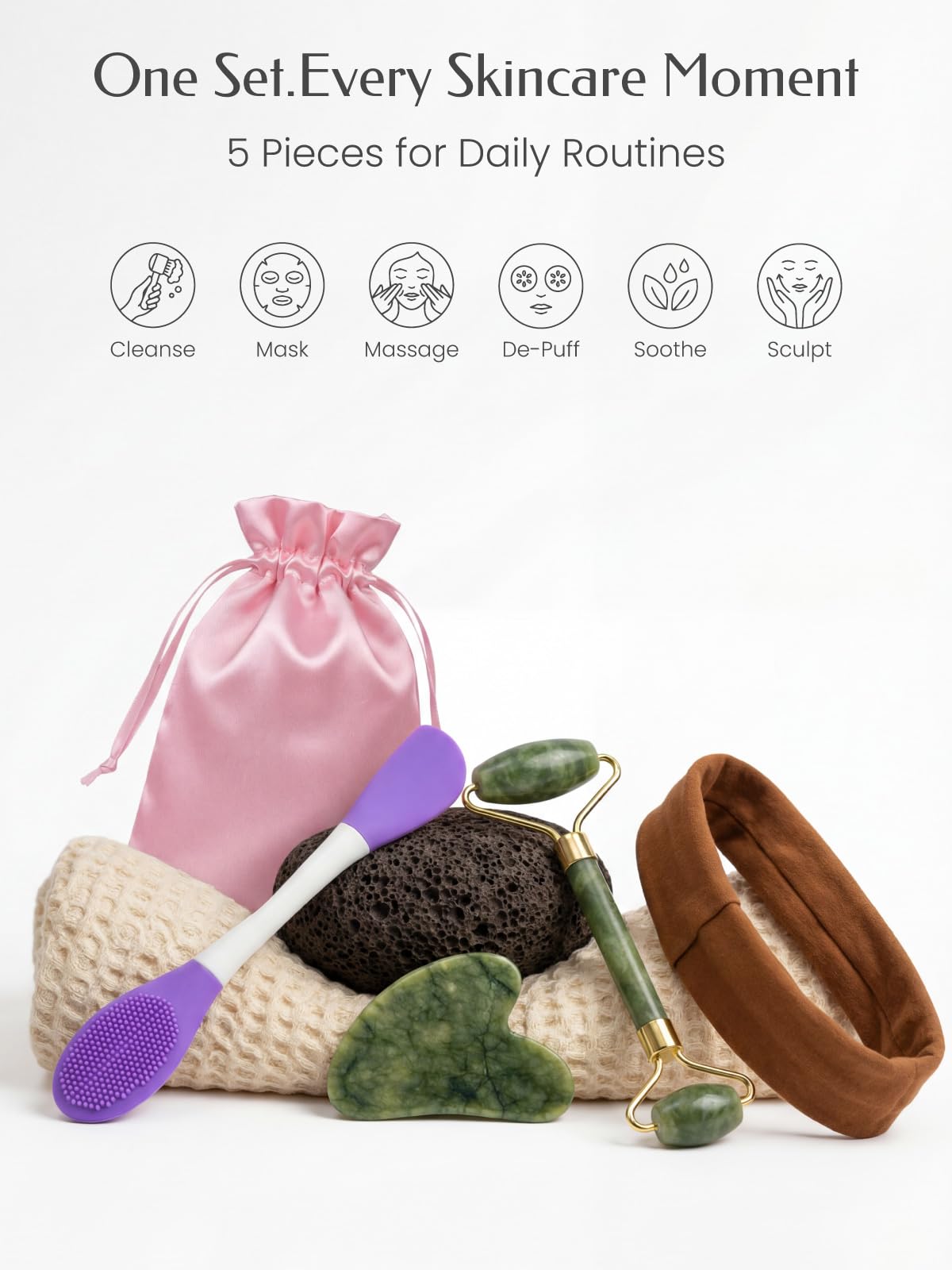 5PCS Face Roller & Gua Sha Facial Tools, Face Massage for Wrinkle Reduction & Puffiness Relief, Includes Silicone Scrubber, Headband & Travel Pouch, Jawline Sculpting and Pore Cleansing Set