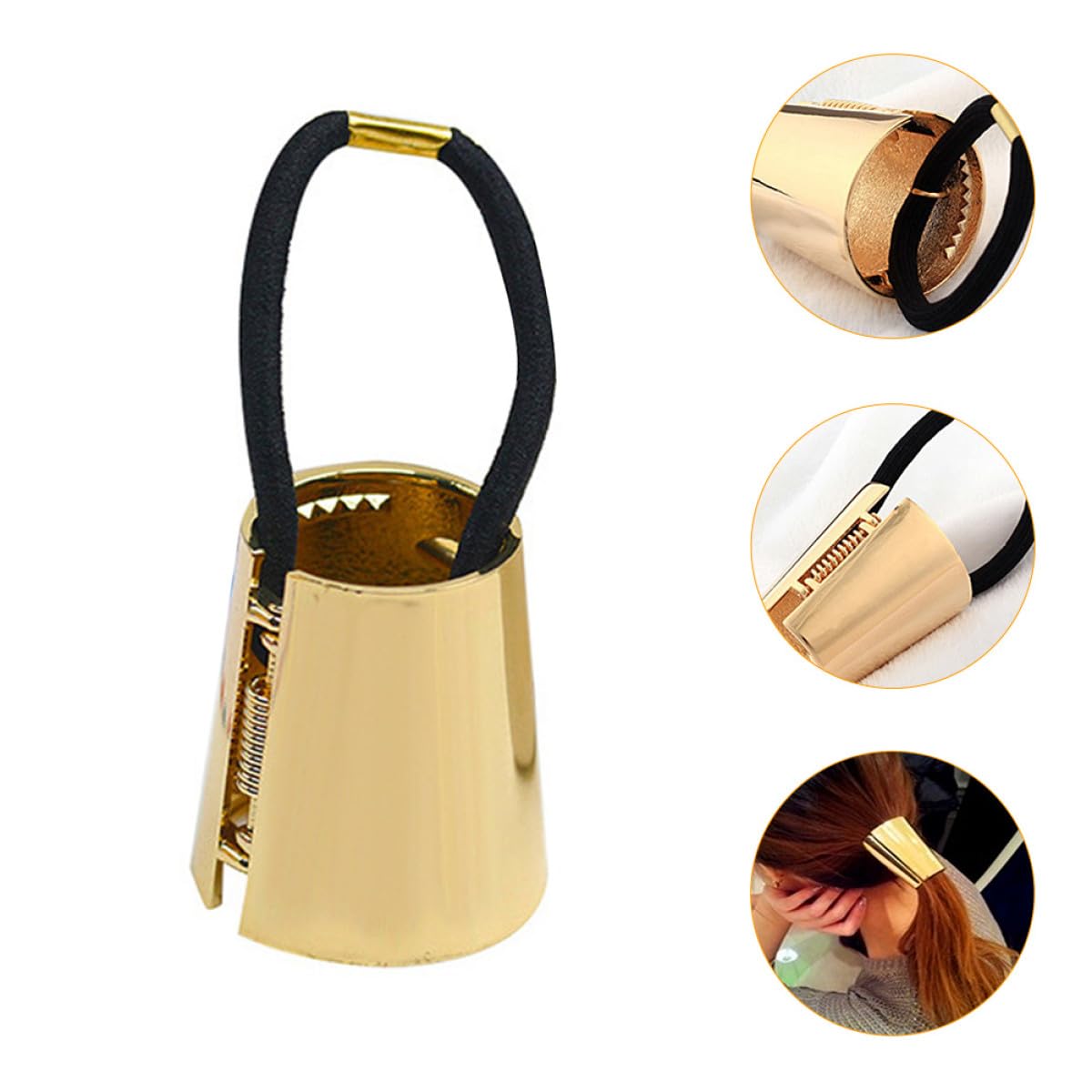 Gold metal hair tie by PLAFOPE with a sleek elastic ponytail holder for everyday styling and hair management.