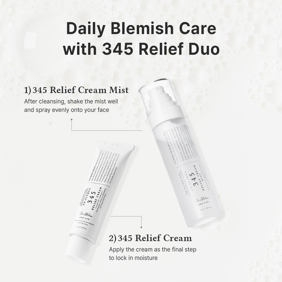 Dr.Althea Relief Cream and Mist Duo, Korean skincare set with soothing creams and refreshing mist in sleek bottles.