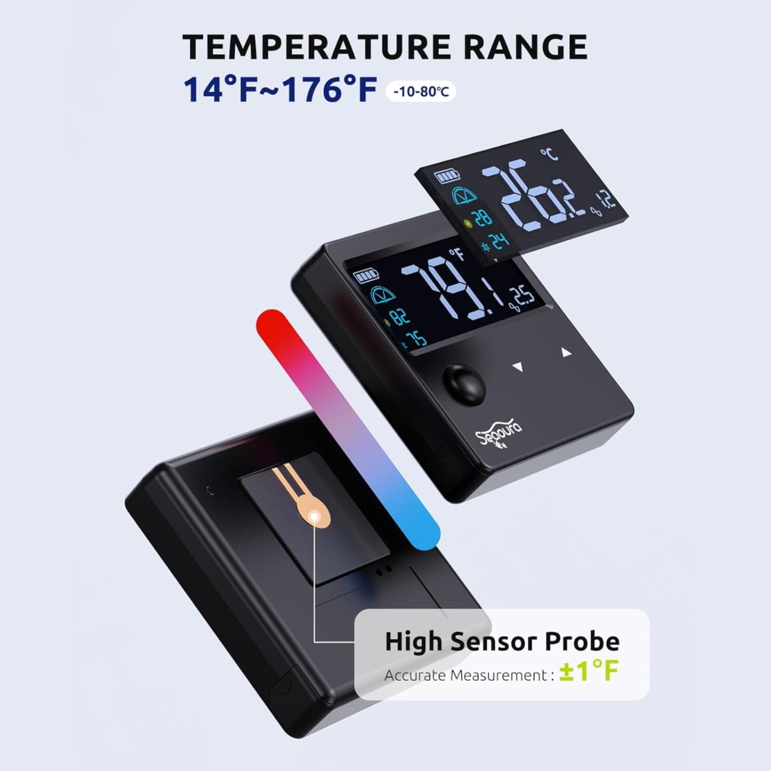 Digital aquarium thermometer with motion sensor from SEAOURA, showing a sleek device placed on a glass fish tank for accurate temperature reading.