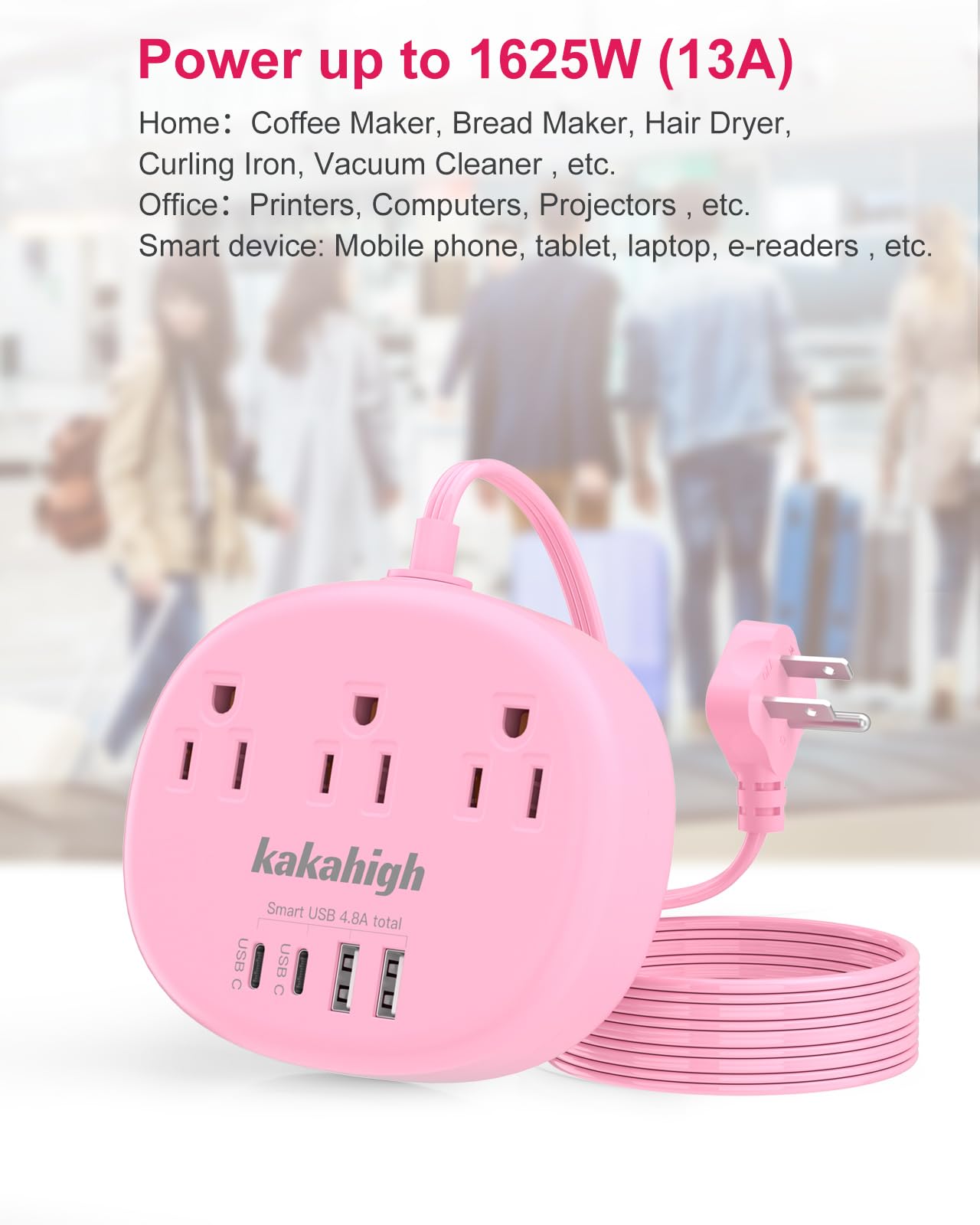 kakahigh Pink Extension Cord with USB C - 5 FT Kawaii Power Strip by kakahigh - Angle View 5
