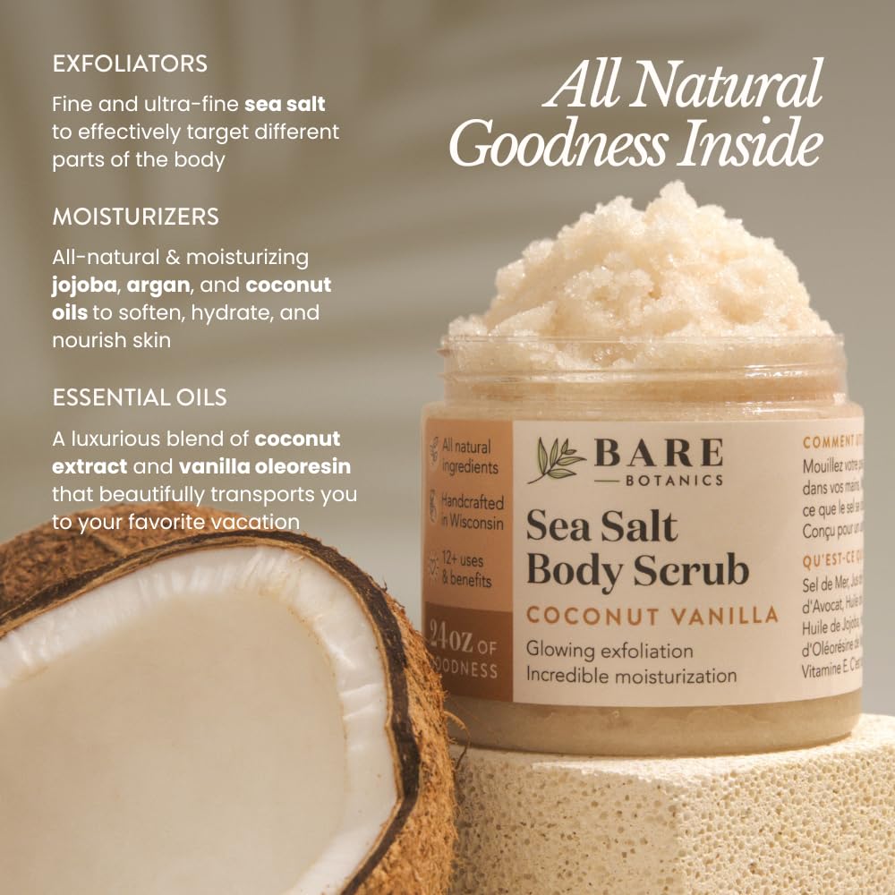 Bare Botanics Coconut Vanilla Body Scrub - & WI All Natural Sea Salt Exfoliator w - BARE BOTANICS Official Product View 3