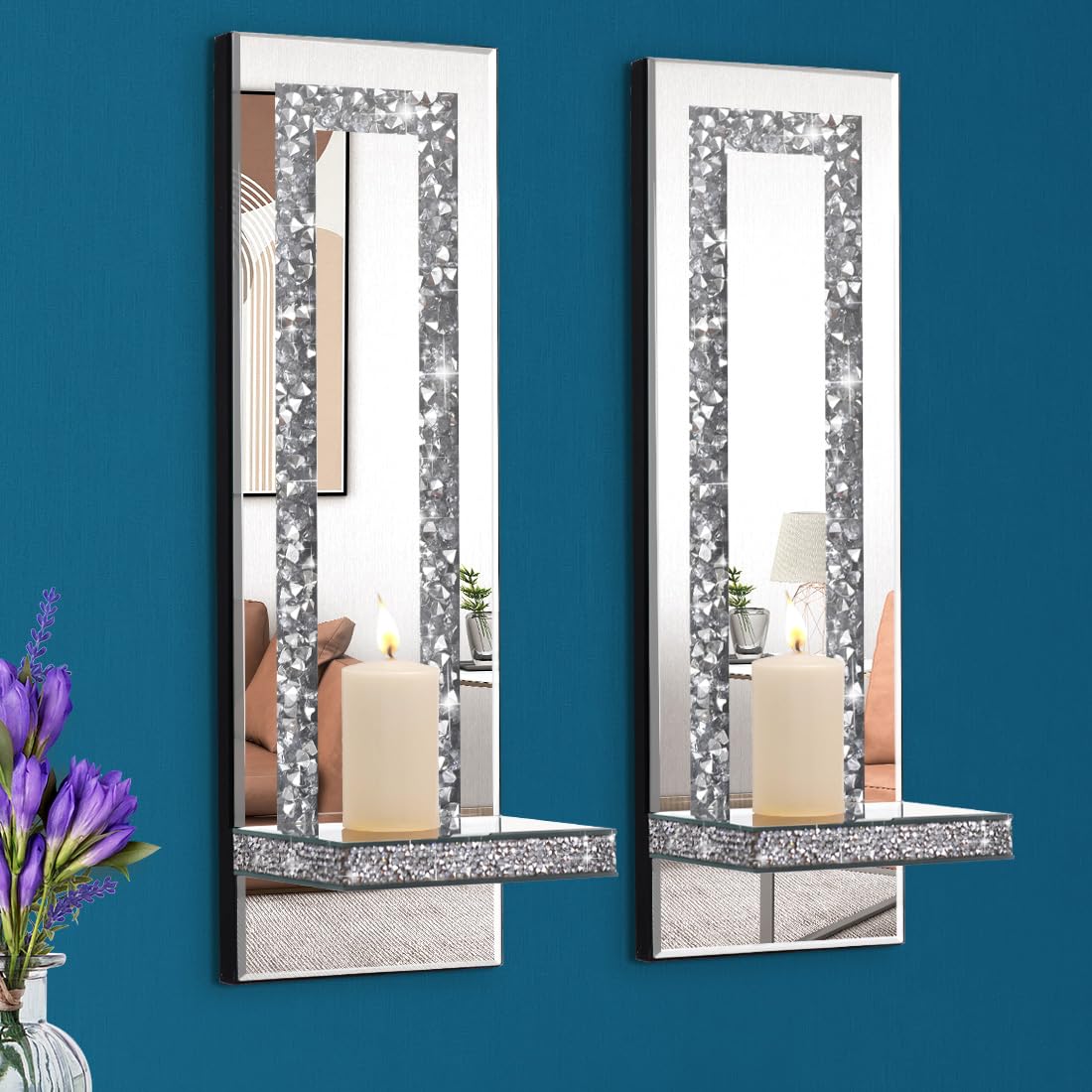 Mirrored Wall Candle Sconces Holder Set of 2 Wall Decor - Aeveco Official Imagery - 1