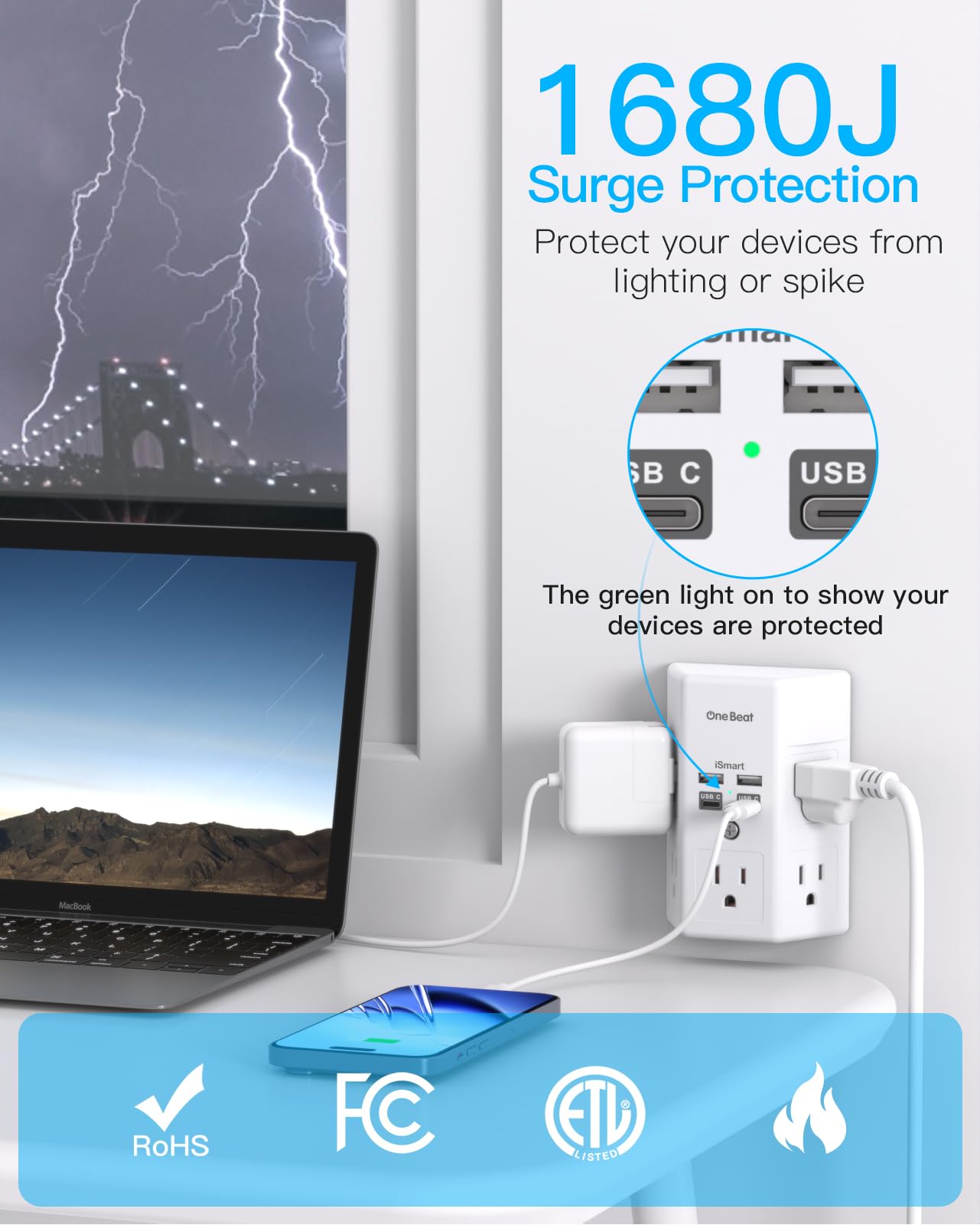 One Beat Surge Protector Wall Outlet Extender,3-Sided Outlet Spli - One Beat Official Product View 5