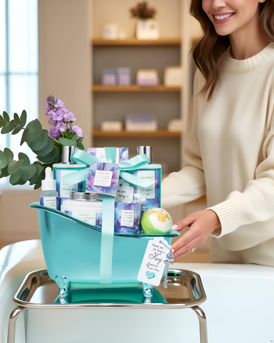 Bath and Body Basket Set EUCALYPTUS Mint Spa Gift Basket for - Saint Roy Official Imagery - 4