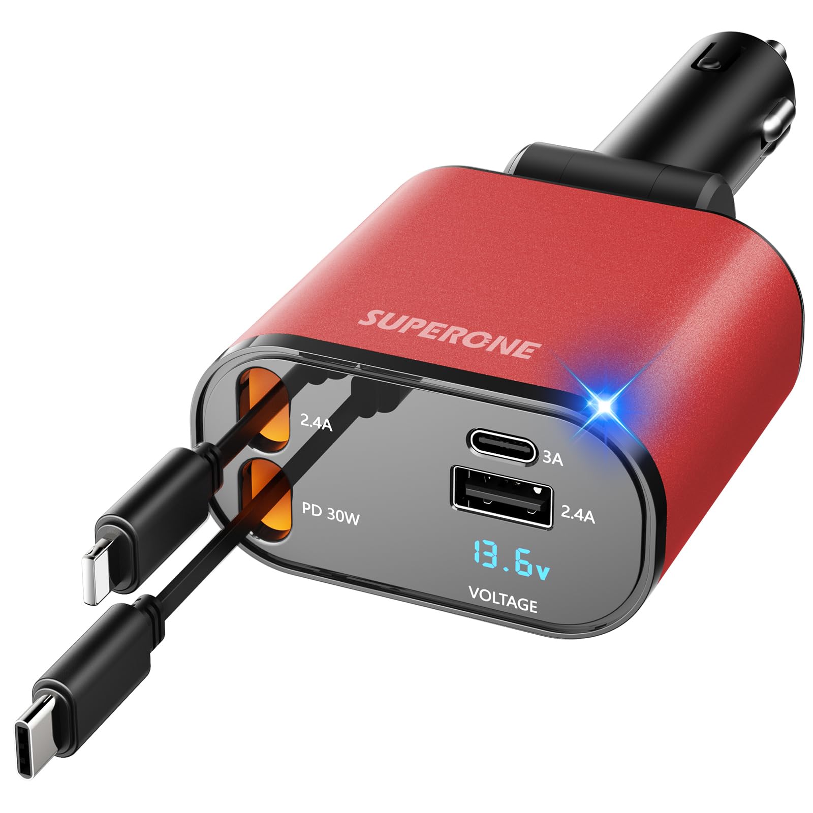 SUPERONE Retractable Car Charger 4 in 1 Fast Phone Charger by SUPERONE - Angle View 9
