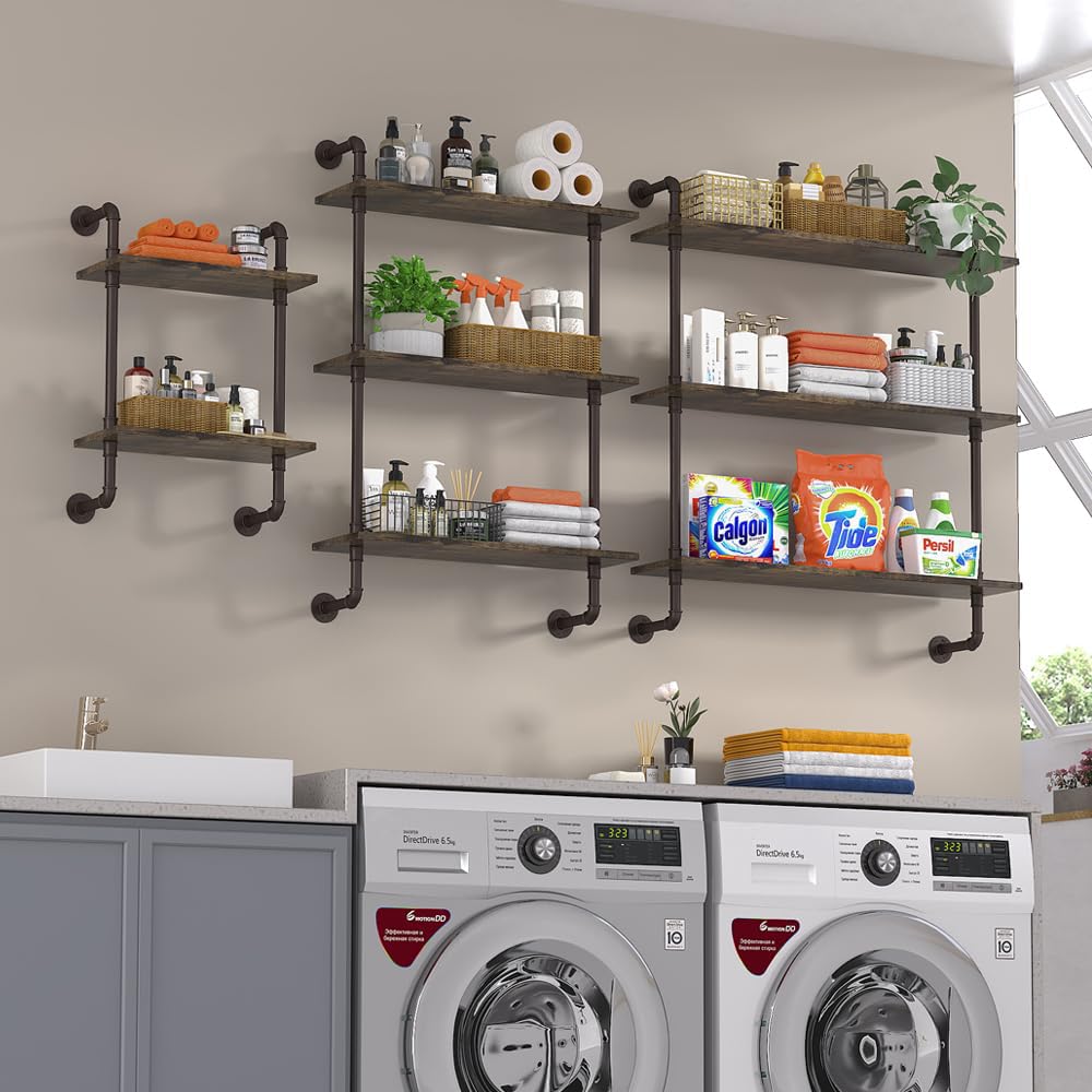 Helsin 3 Tier Industrial Pipe Shelf Rustic Wood Floating - Helsin Official Imagery - 7