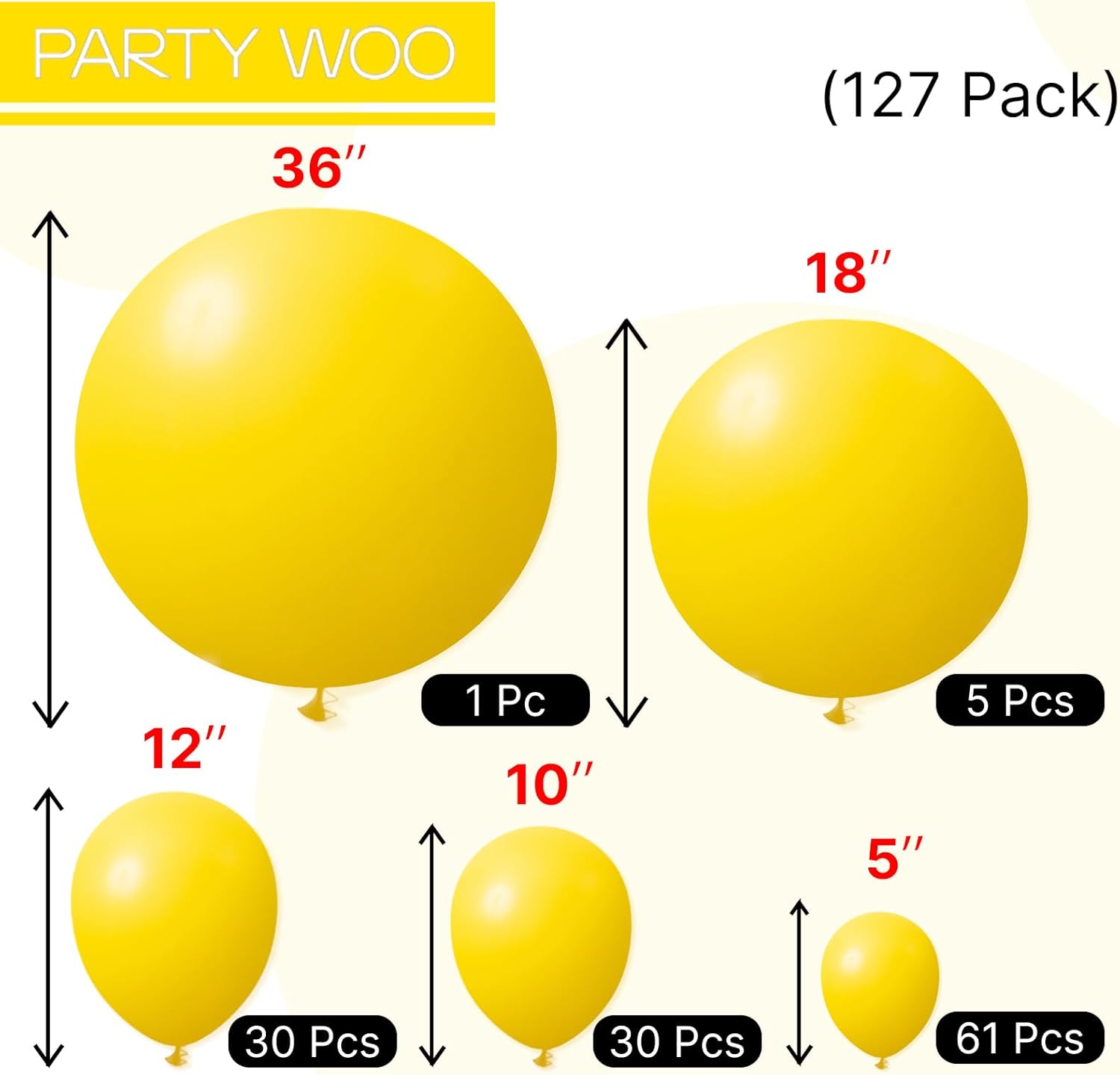 PartyWoo Yellow Balloons 127pcs Different Sizes of 18 12 10 5 Inch Matte Yellow Latex Balloon Yellow-Y55
