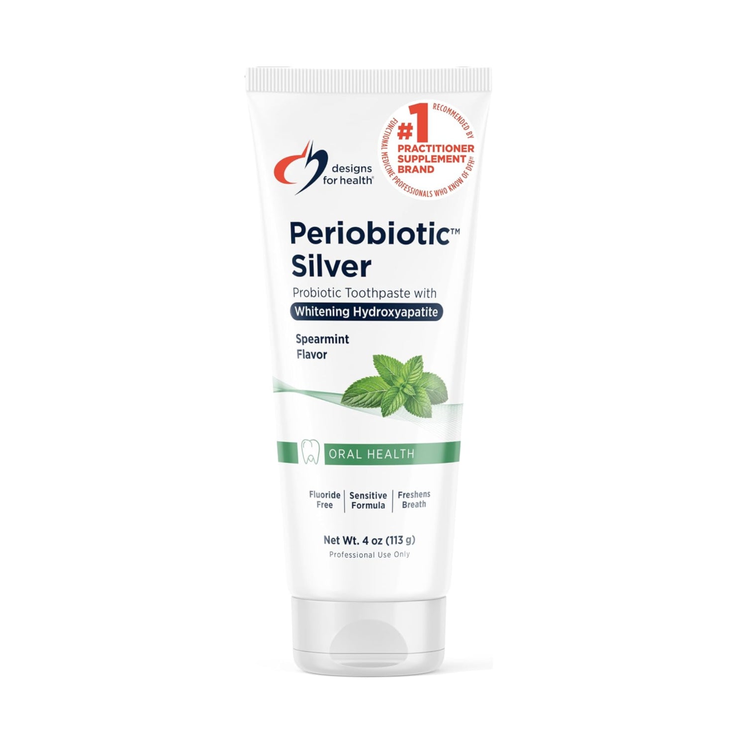 Designs for Health PerioBiotic Silver Hydroxyapatite fluoride-free toothpaste tube with white and blue packaging.