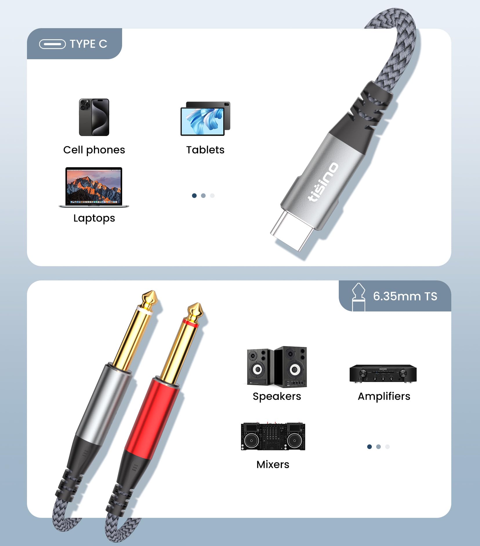 Tisino USB C to 1/4 inch Audio Cable, 6.35mm Audio Jack to USB C, by Tisino - Angle View 4