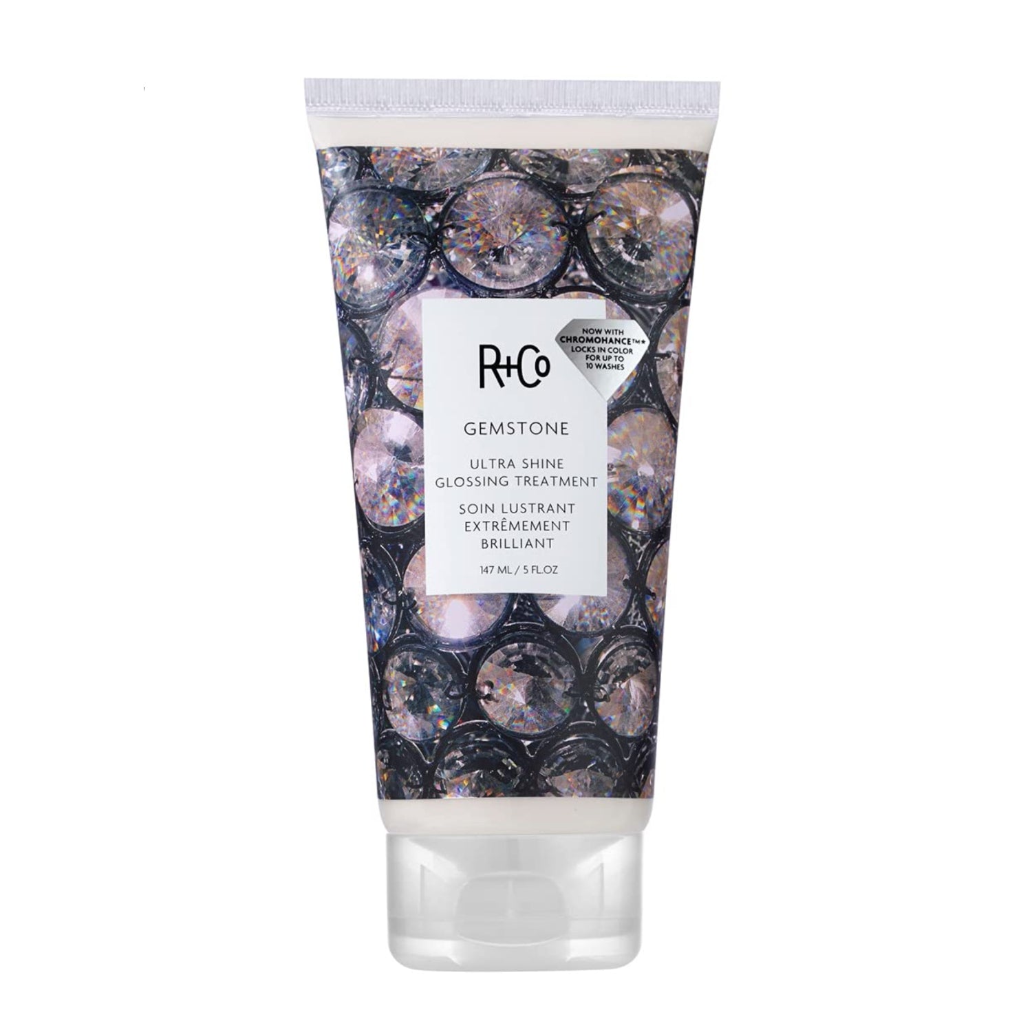 R+Co Gemstone Ultra Shine Glossing Treatment bottle, 147 ml / 5 oz, with sleek packaging and product label visible.