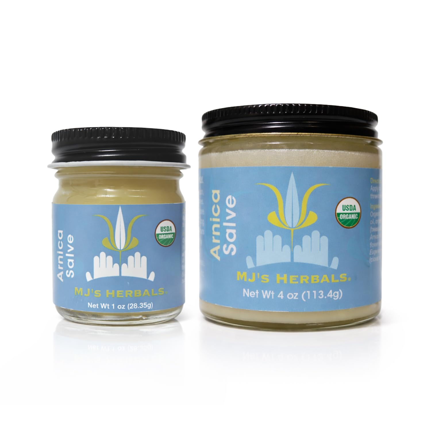 MJ's Herbals Organic Arnica Salve in a 1 oz jar, botanical skin moisturizer for soothing and healing skin.