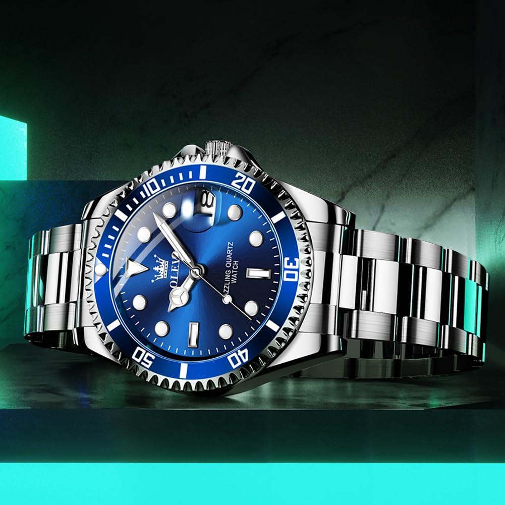 OLEVS Men's Silver & Blue Ocean Dial Dress Watch Quartz Date