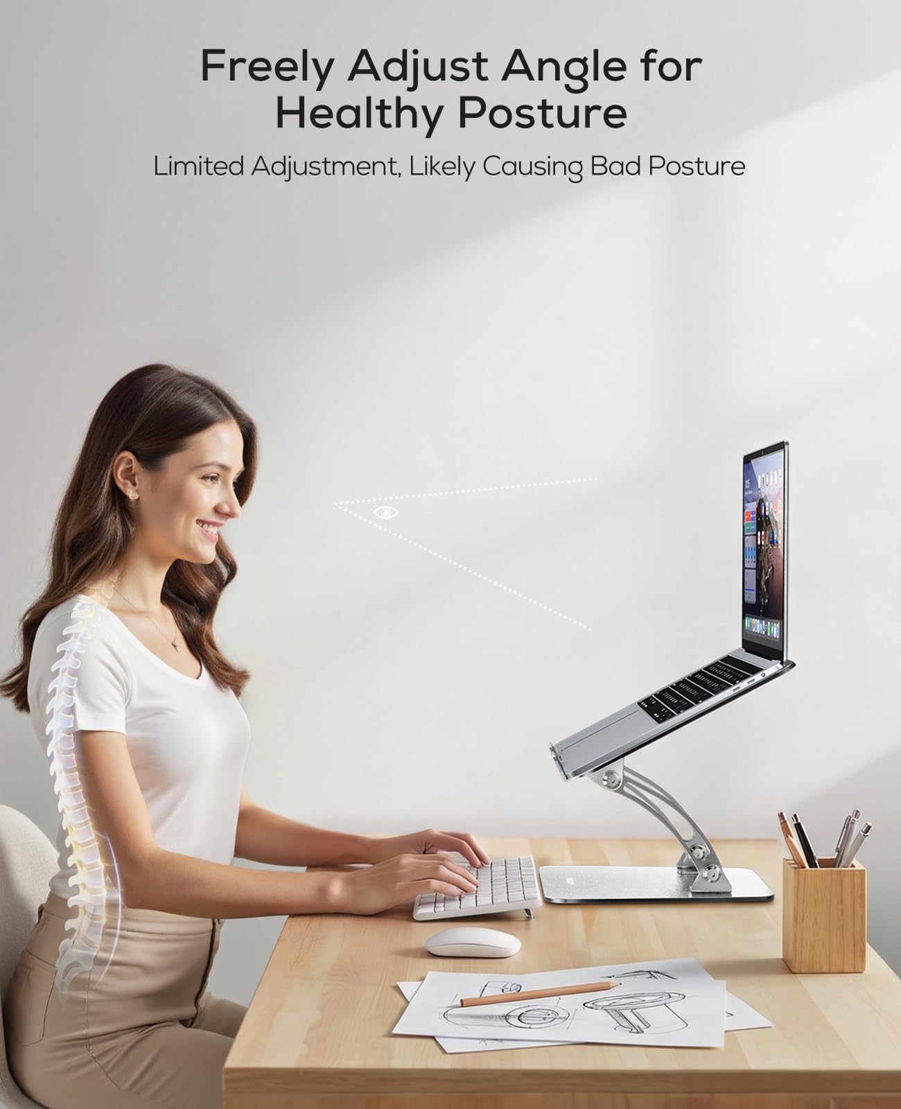 Nulaxy ergonomic adjustable portable laptop stand with heat vents, suitable for Mac 10-17 inch laptops, supports posture correction.