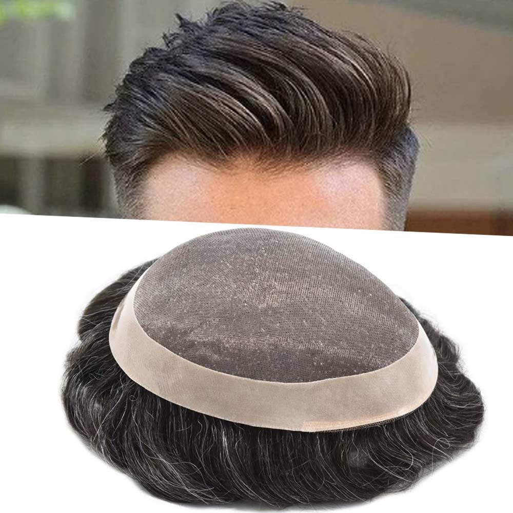 Curve Hair Mens Toupee Human Hair Piece Replacement System Monofilament Wig Hair Unit for Men Durable Poly Coated Mens Hairpiece (#1B10 Off Black+10% Gray, 6"X8")