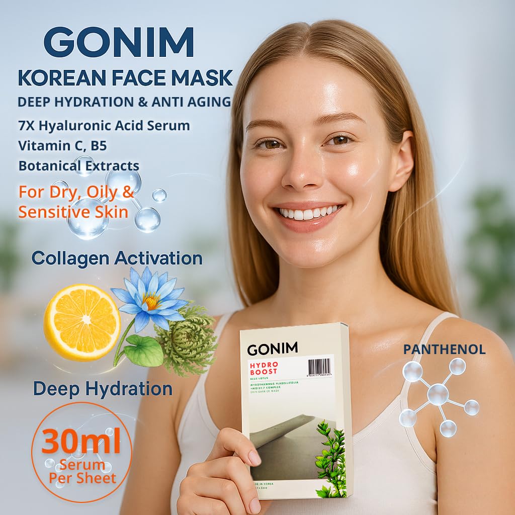Korean Face Mask, Hydrating Sheet Mask with Hyaluronic Acid Serum - GONIM