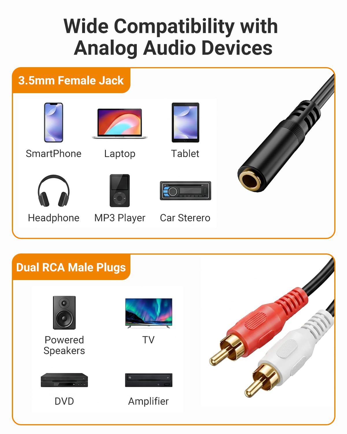 Uleey 3.5mm Female to 2 RCA Splitter Male Stereo Audio Y Cable, 2 by Uleey - Angle View 5