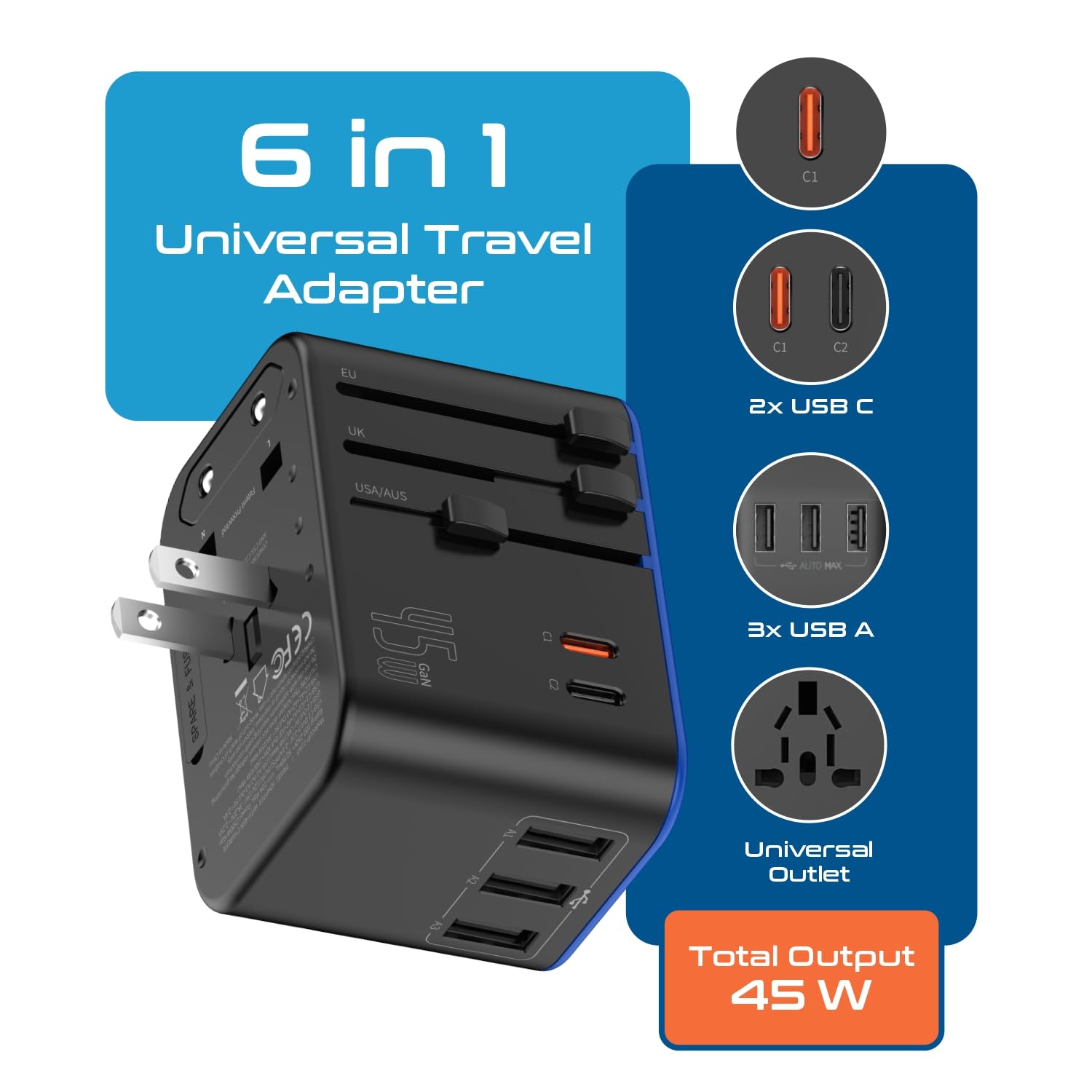 Ceptics 45W Universal Travel Adapter w/ 3 USB-A, 2 USB-C & Univer by Ceptics - Angle View 2
