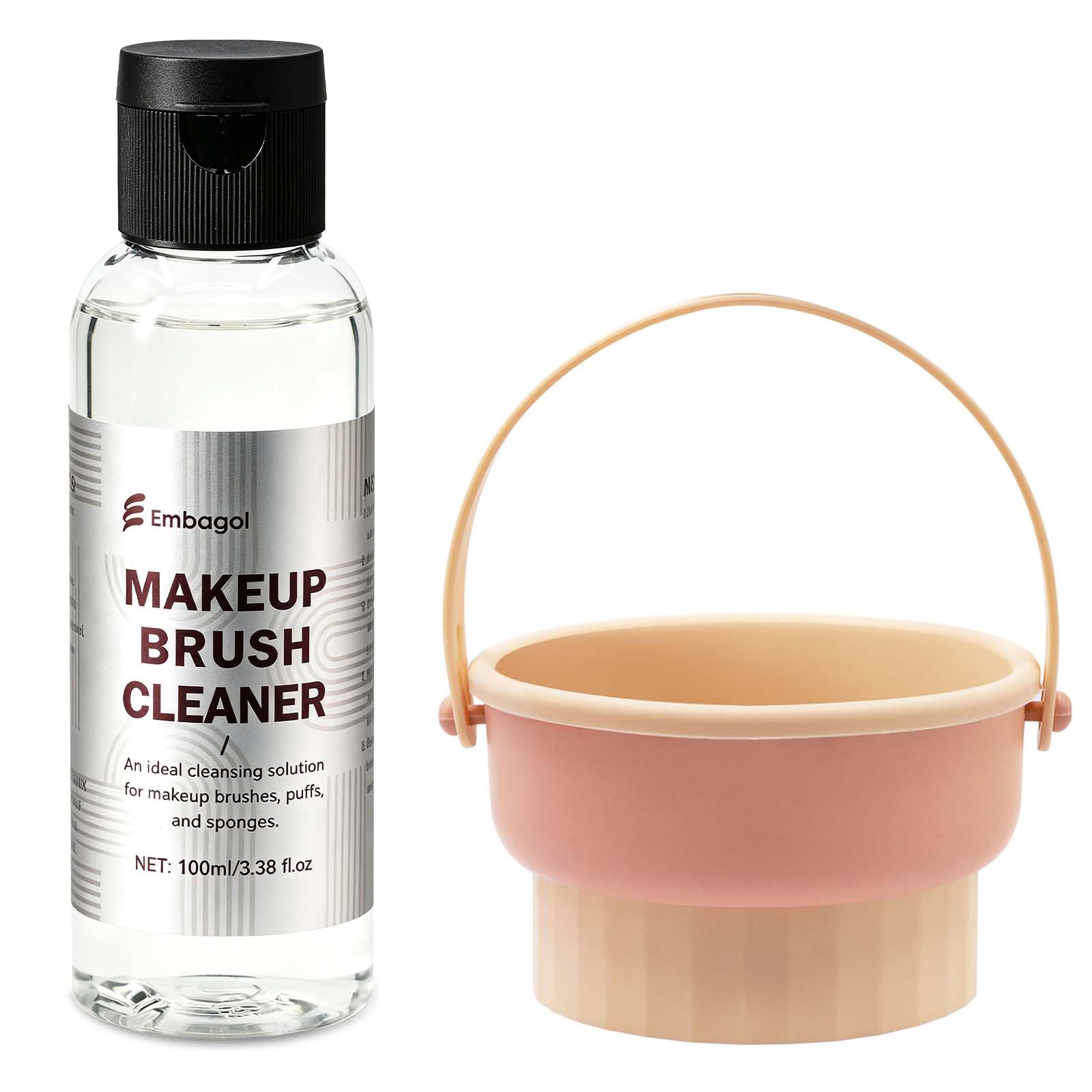 Embagol Makeup Brush Cleaner Kit with Cleaning Bowl, Make Up Brush Cleansers Solution for Sponges, Puffs and Brushes - Gentle Formula, Cruelty Free(2-pieces set, 100ml/3.38 fl oz + Khkai)