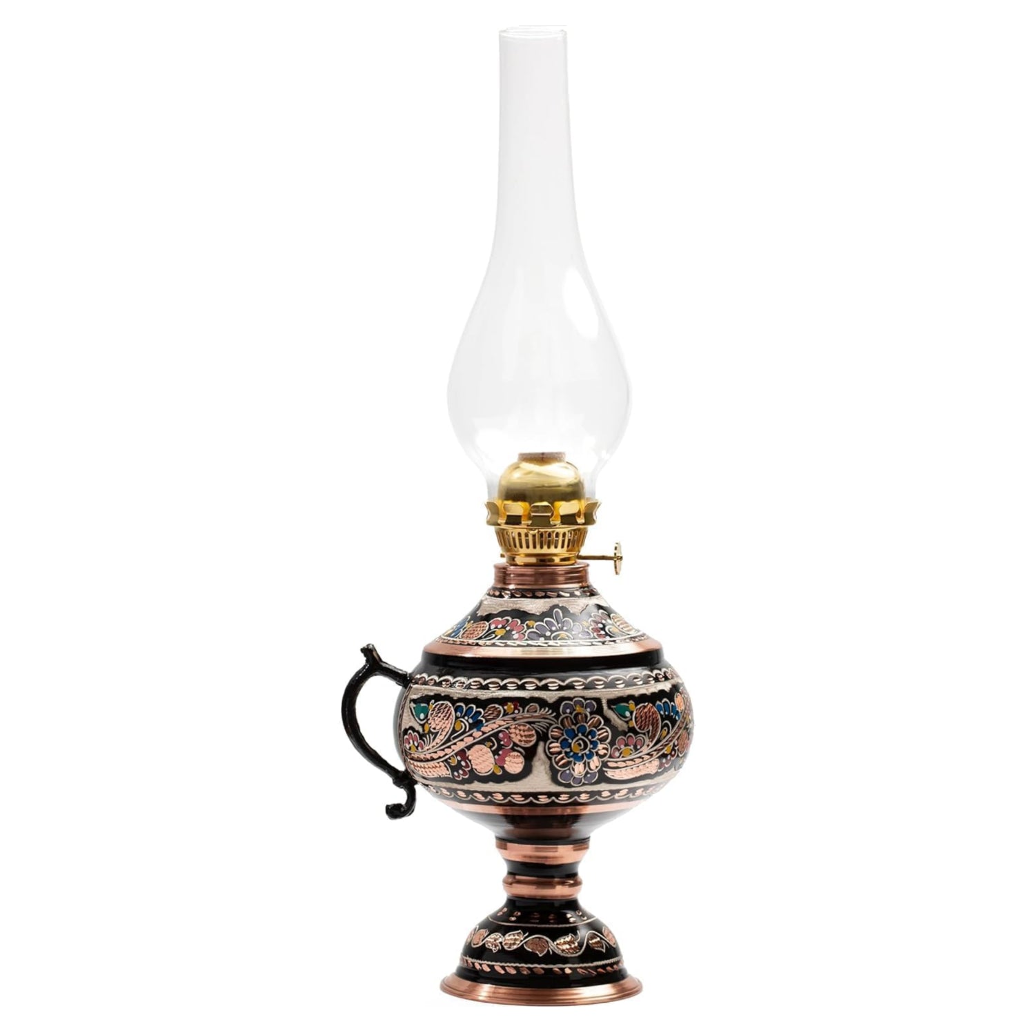 Vensila handmade copper oil lamp, 17.32-inch vintage hurricane lantern for indoor decorative lighting, featuring a classic design.