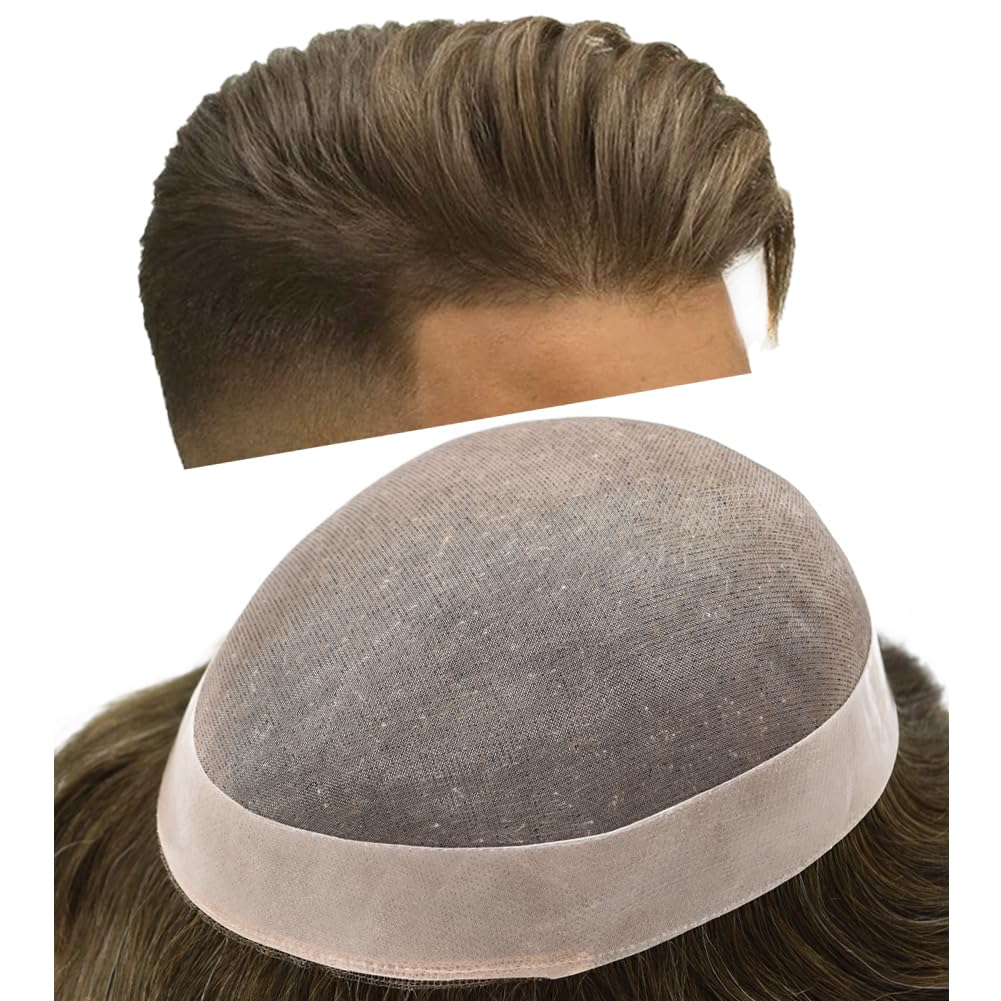 Curve Hair men's monofilament wig toupee in light brown, 6x8 inch size, designed for a natural look and easy wear.