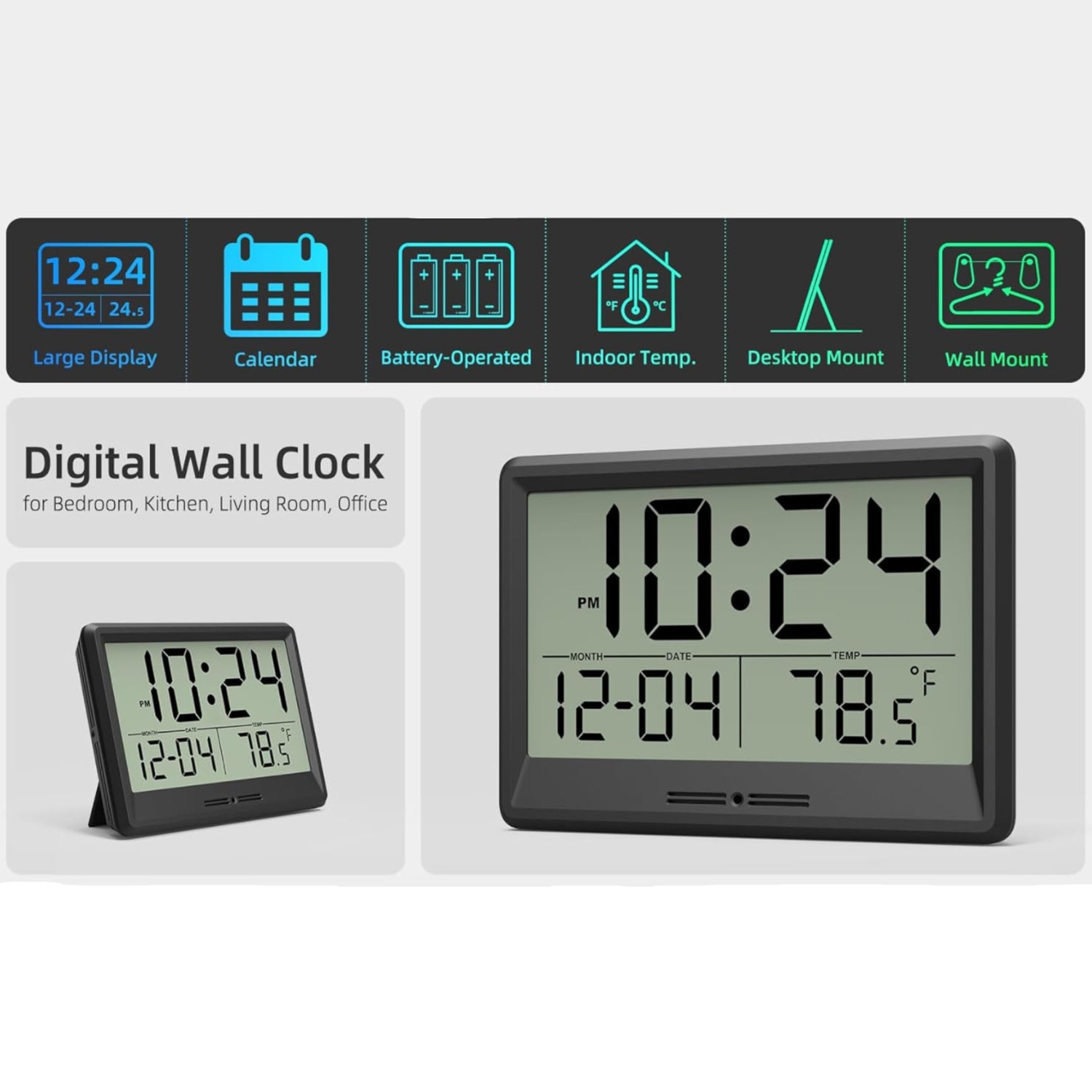 XUANZIT 8-inch battery-operated digital wall clock with large display showing time, ideal for home or office use