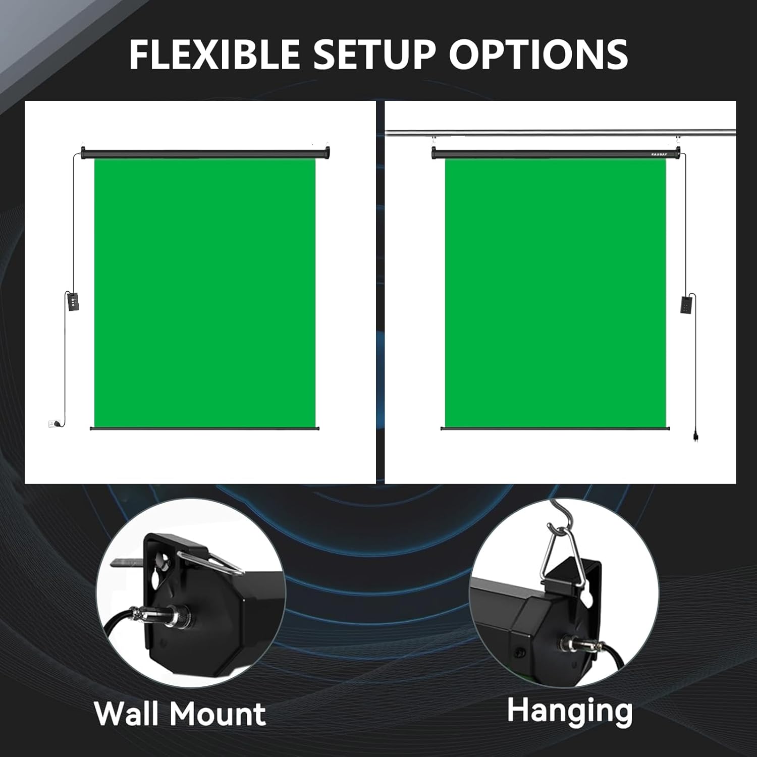 RAUBAY motorized pull-down green screen, 78.7 x 86.6 inches, collapsible wall-mount for video and photography backgrounds.