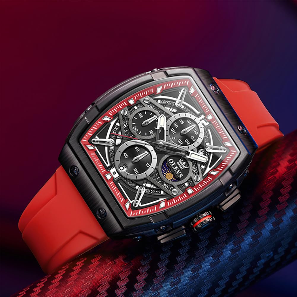 OLEVS Men's Square Chronograph Watch – Red Silicone