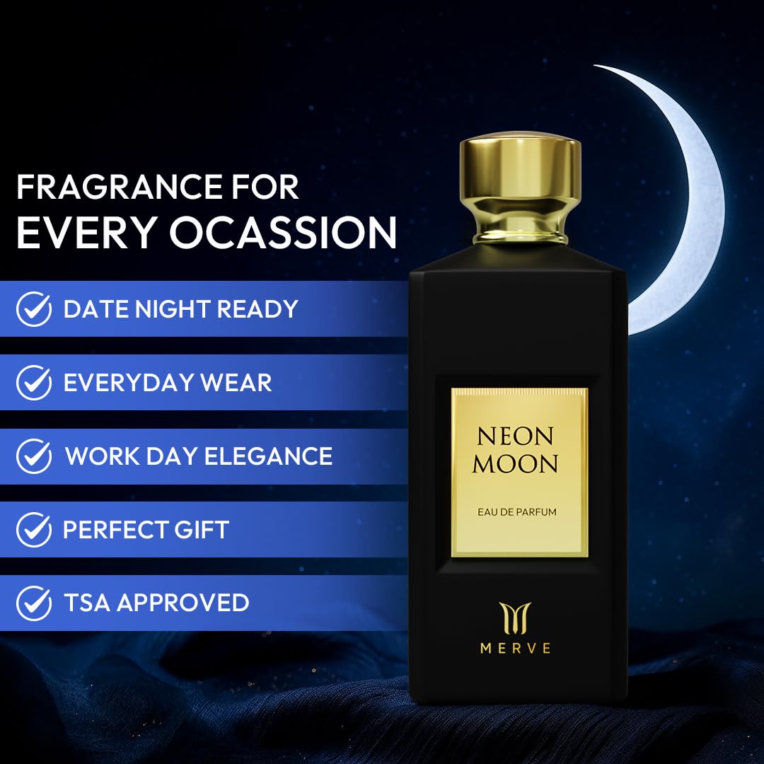 Merve Neon Moon Premium unisex fragrance bottle with sleek design and vibrant label, showcasing luxury scent packaging.