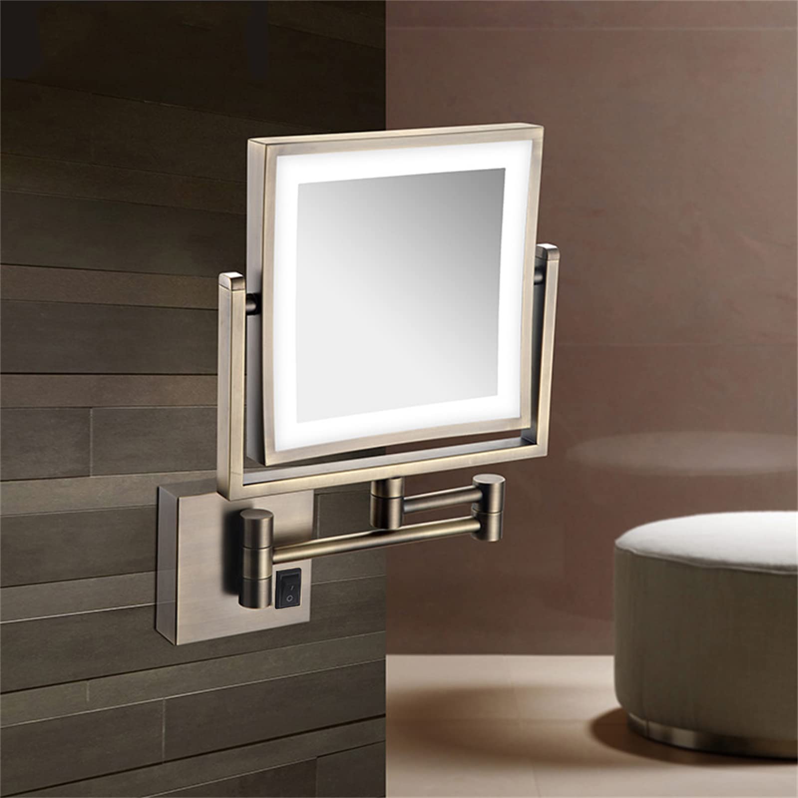 Brass wall-mounted LED makeup mirror with 360° rotation, double-sided 1x/3x magnification, suitable for bathroom use.