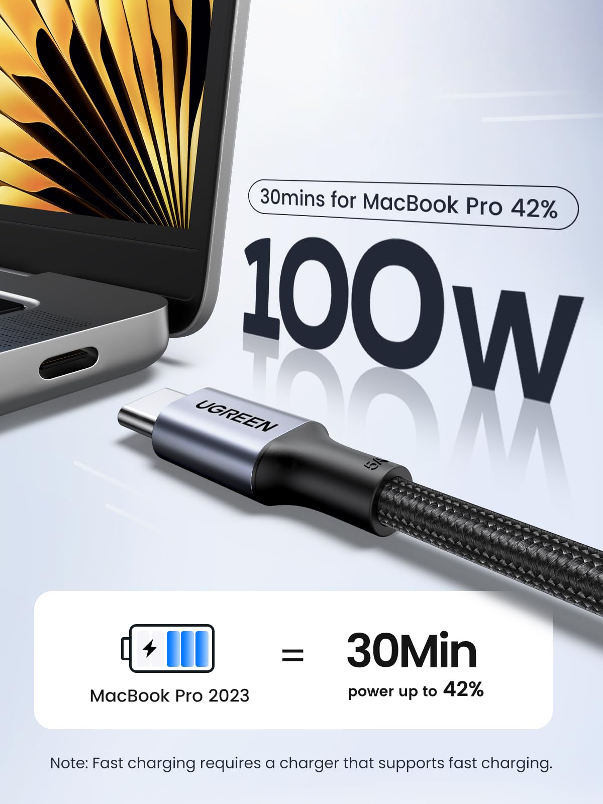 UGREEN 100W USB-C to USB-C cable, black, 3.3ft, fast charging, 2-pack, electronic cable for smartphones and devices