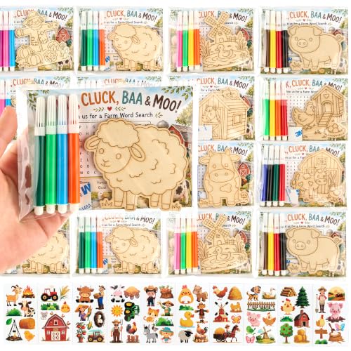 24 Pcs Farm Animal Party Favors, DIY Wooden Painting Crafts Kit - Product Imagery
