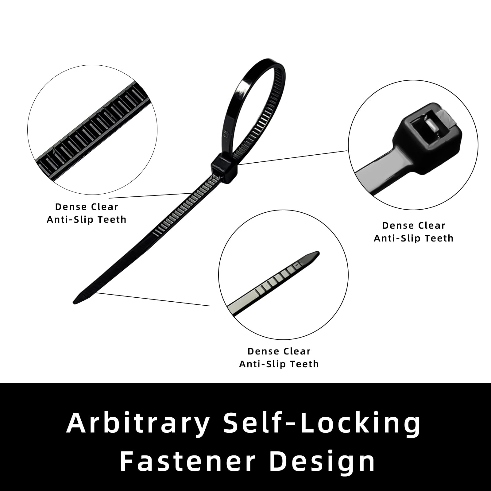 Black nylon cable zip ties, 4-inch self-locking wire ties, 250-pack for home, garden, garage, indoor and outdoor use.