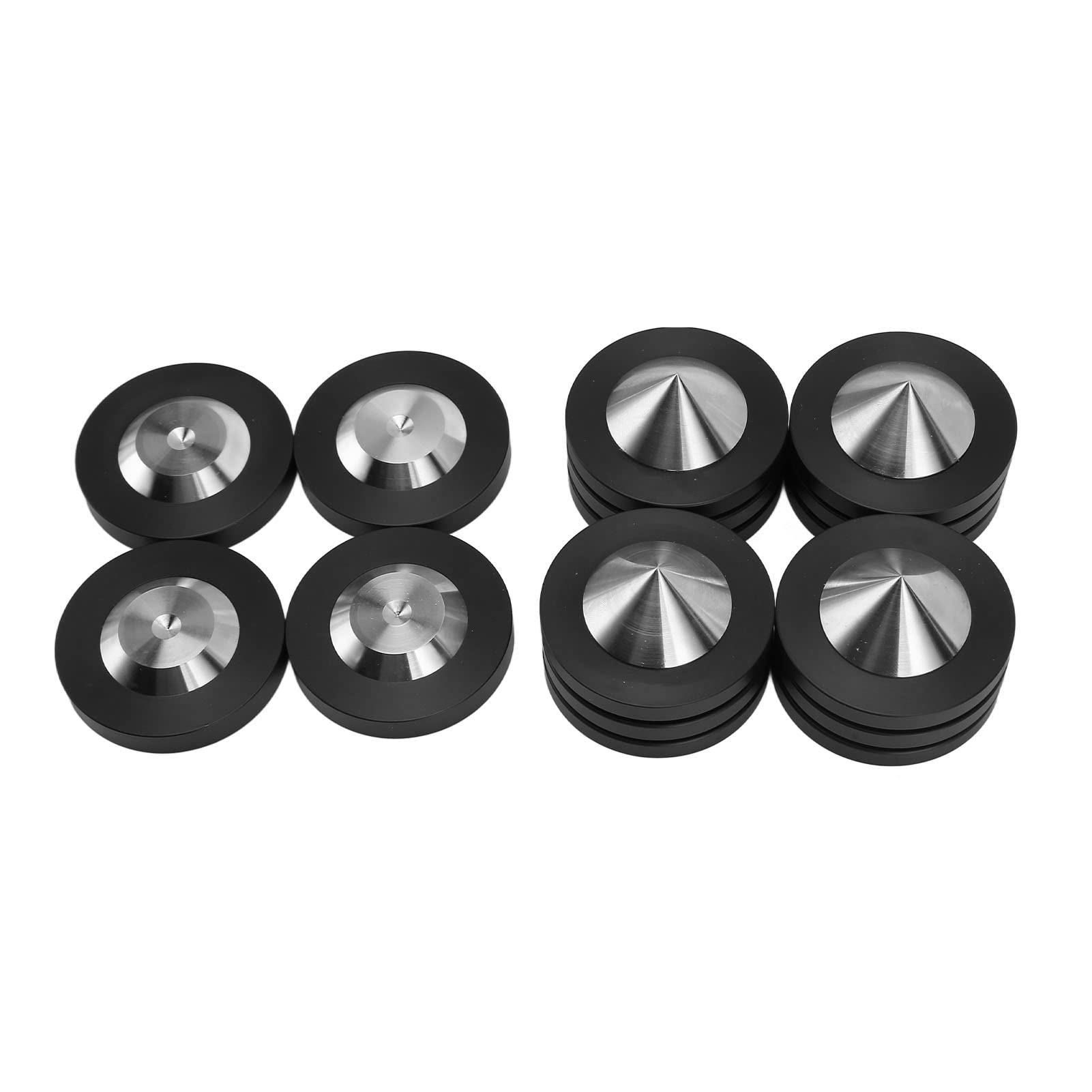 Four stainless steel and POM speaker spike isolation feet pads for HiFi turntables, CD players, and amplifiers.