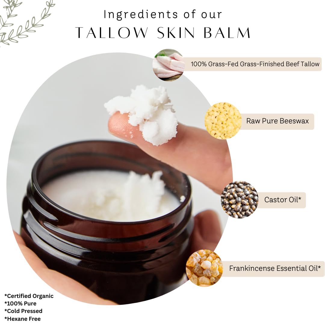 Untamed Organics Beef Tallow Balm for Skin & Face with Castor Oil & Frankincense - 100% Grass-Fed Tallow Face & Body Moisturizer for Dry Sensitive Skin - 2 oz