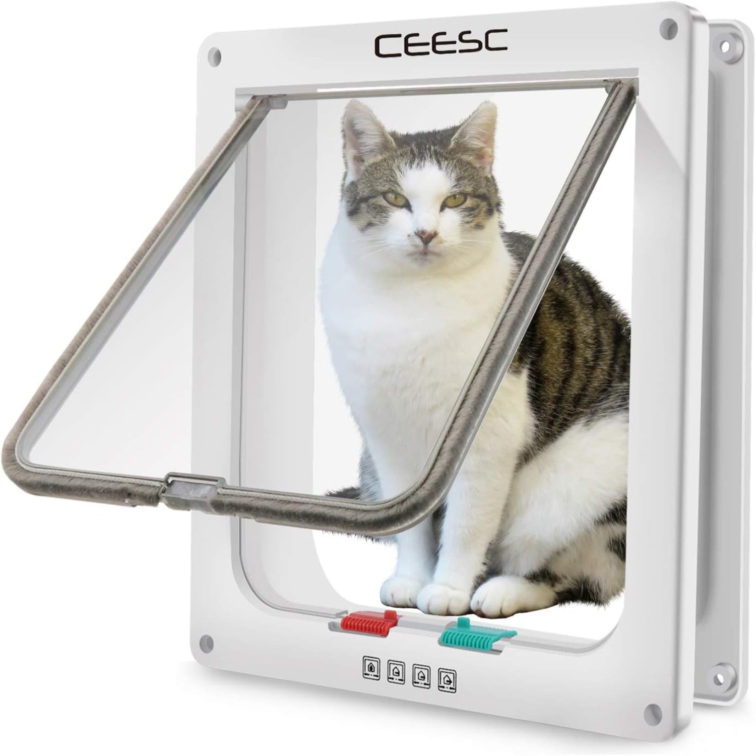 White CEESC extra large cat door with weatherproof design, measuring 11x9.8 inches, suitable for large cats.